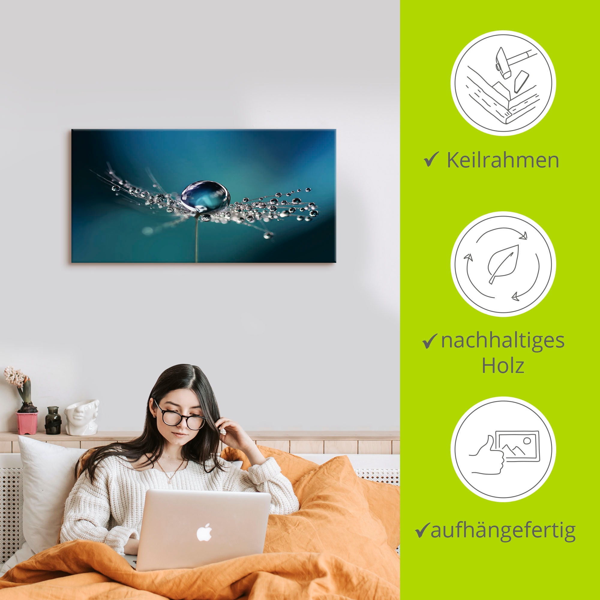 Artland Wandbild »Pusteblume Tautropfen blau« Blumenbilder 1 Stk. tlg. als Alubild, Outdoorbild, Leinwandbild in verschied. Grössen