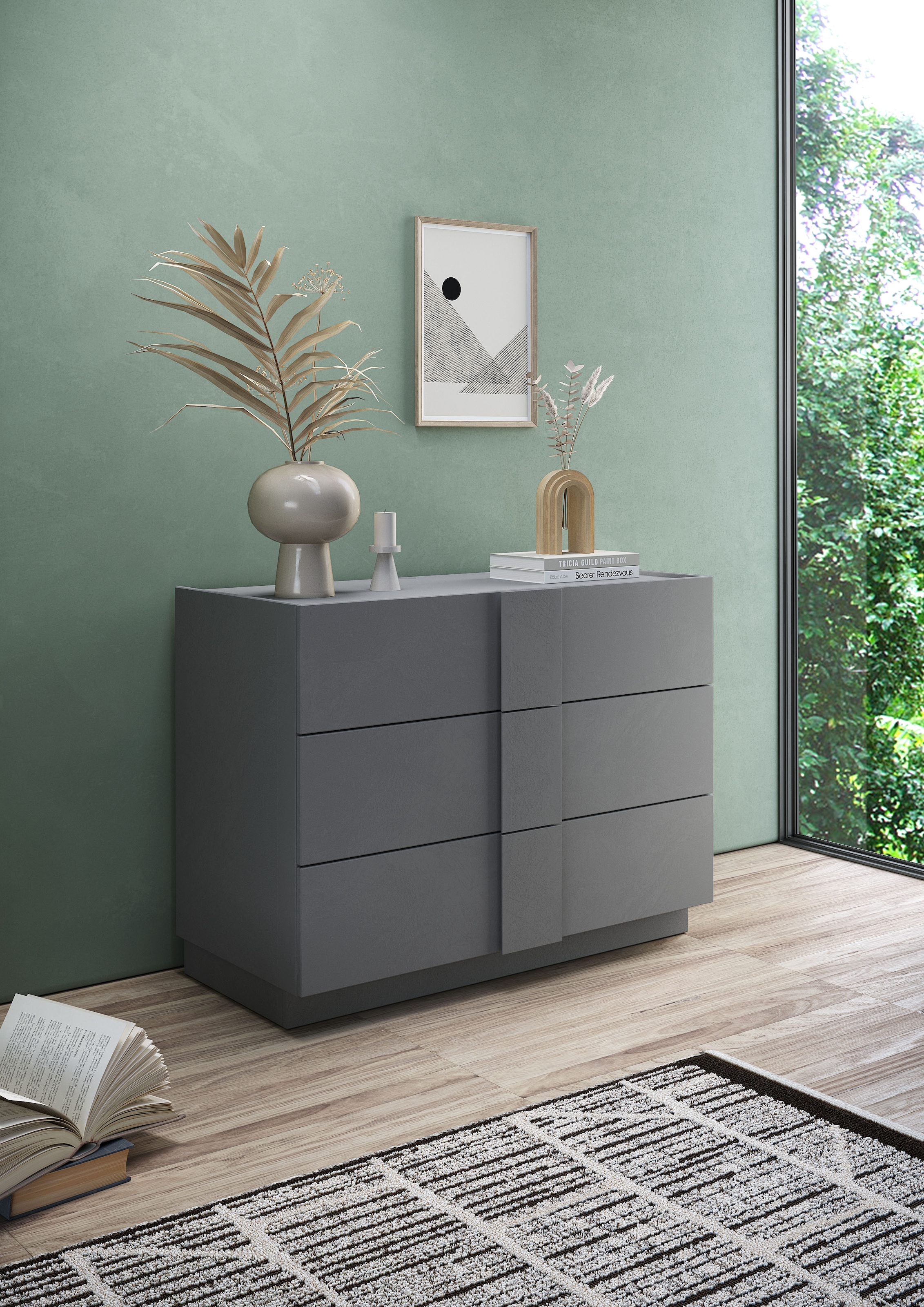 Home affaire Schubkastenkommode »Jupiter, Kommode, Stauraumkommode, Beistellkommode, 2 Schubladen« B/T/H 110/83/52 cm, moderne Griffblende, trendiges Steingrau, kompakt