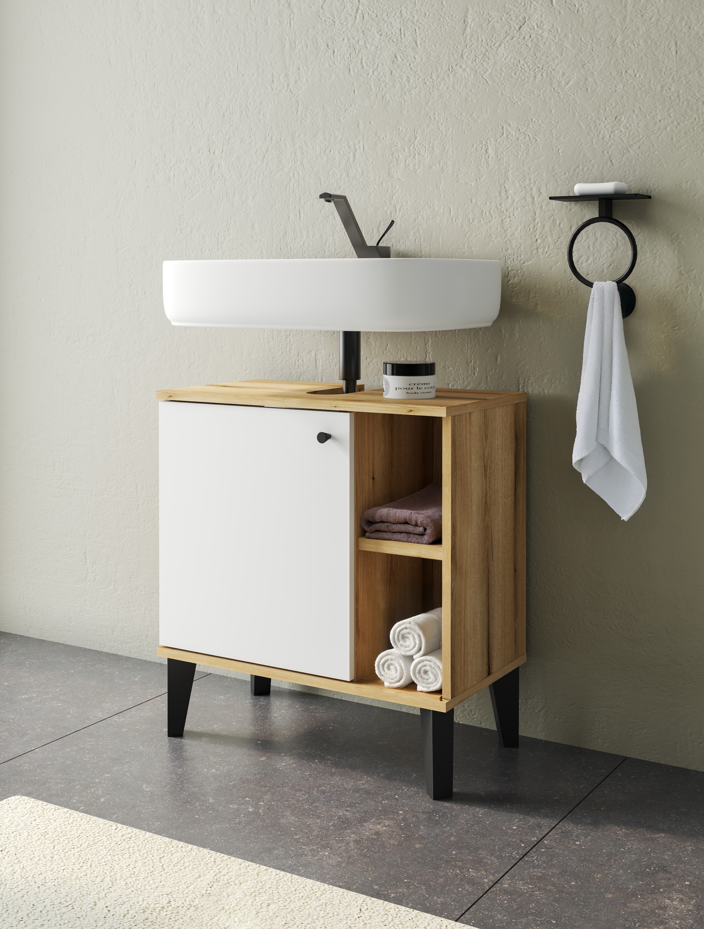 INOSIGN Armoire sous lavabo »Oslo, Waschtisch mit Knopfgriff, Badschrank im skandinavischen Design« in der Türfarbe Weiss oder Grau verfügbar, ausreichend Stauraum