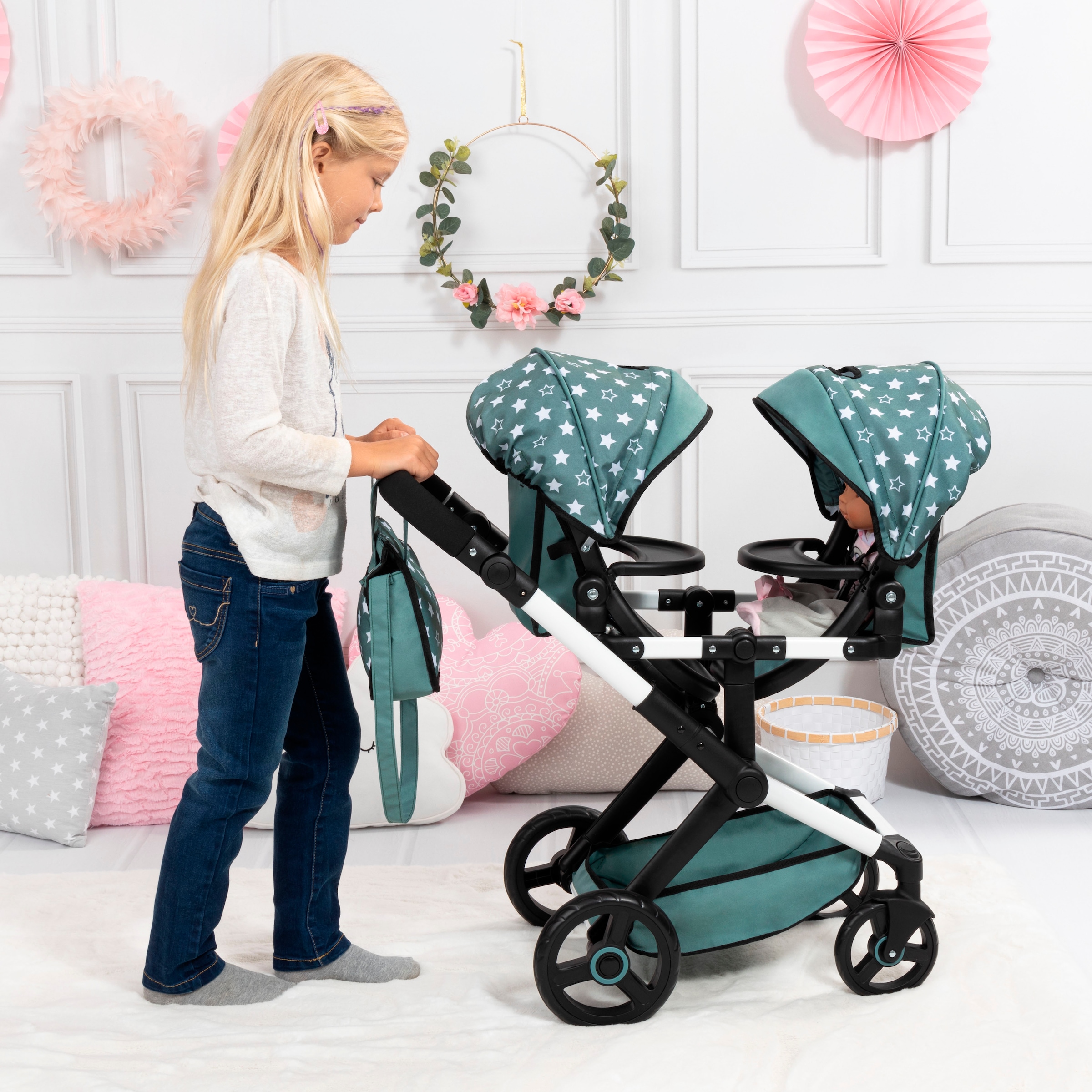 Bayer Puppen-Zwillingsbuggy »Xeo Twin grün« mit Wickeltasche