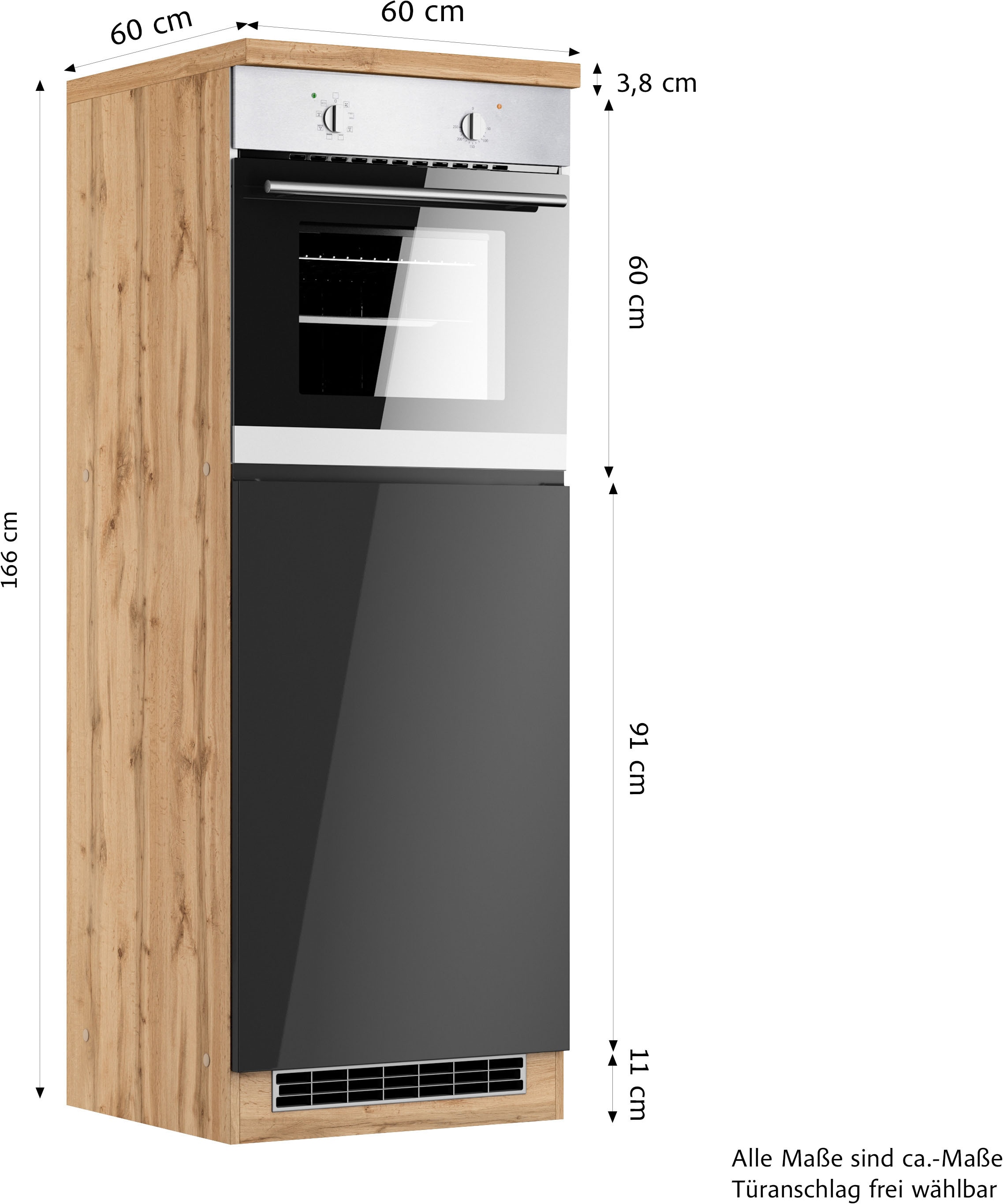 KOCHSTATION Backofen/Kühlumbauschrank »KS-Virginia,neu in verbesserter Ausführung« Arbeitsplatte 38 mm stark, Stauraum, Softclose,  Masse (B/H/T): ca. 60/166/60 cm, Türanschlag frei wählbar