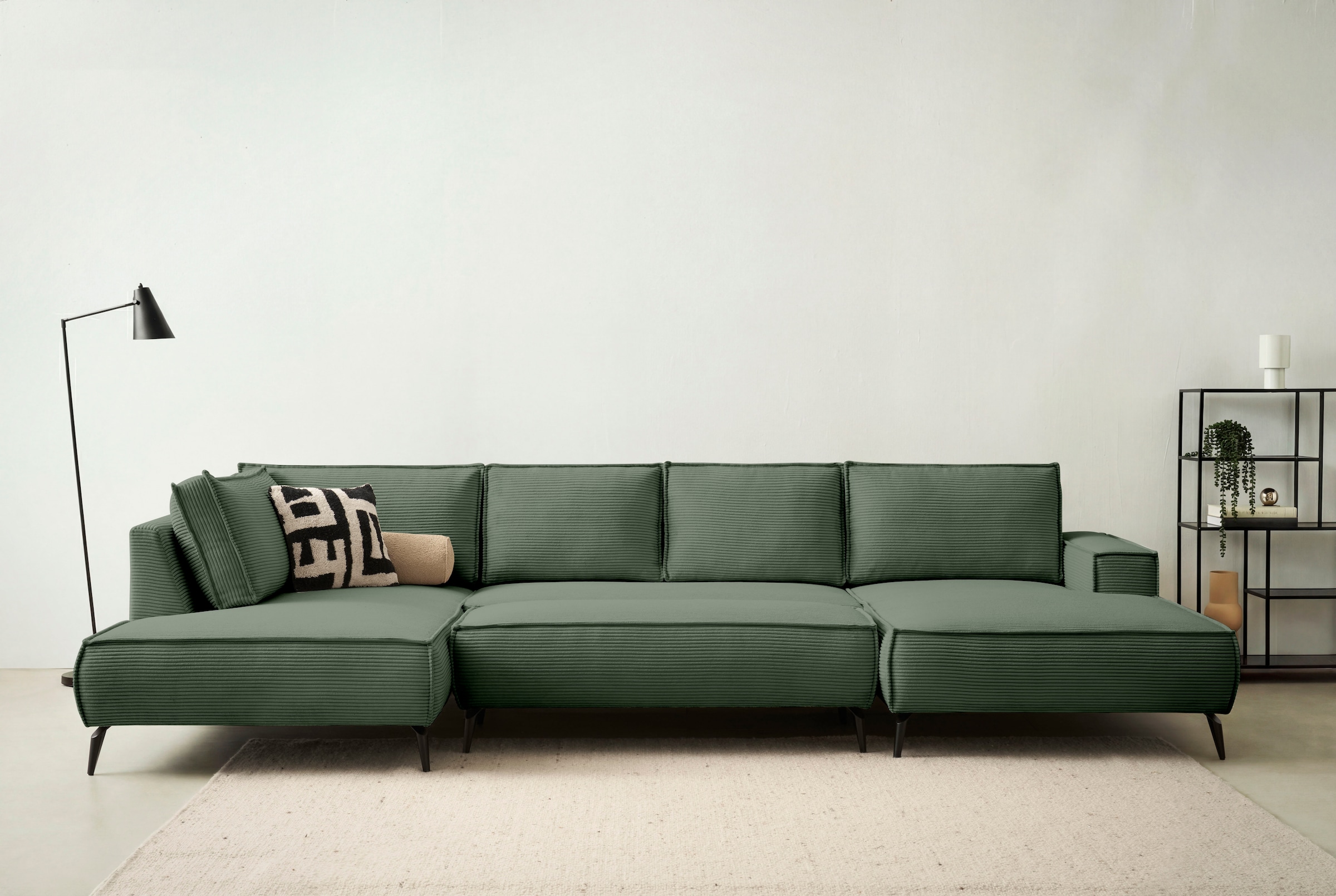 Home affaire Wohnlandschaft »mit Hocker, TVINNU, moderne U-Form in Cord oder Leinenoptik« Recamiere rechts/links, stellbar zum Schlafsofa (Krokodilverbinder)