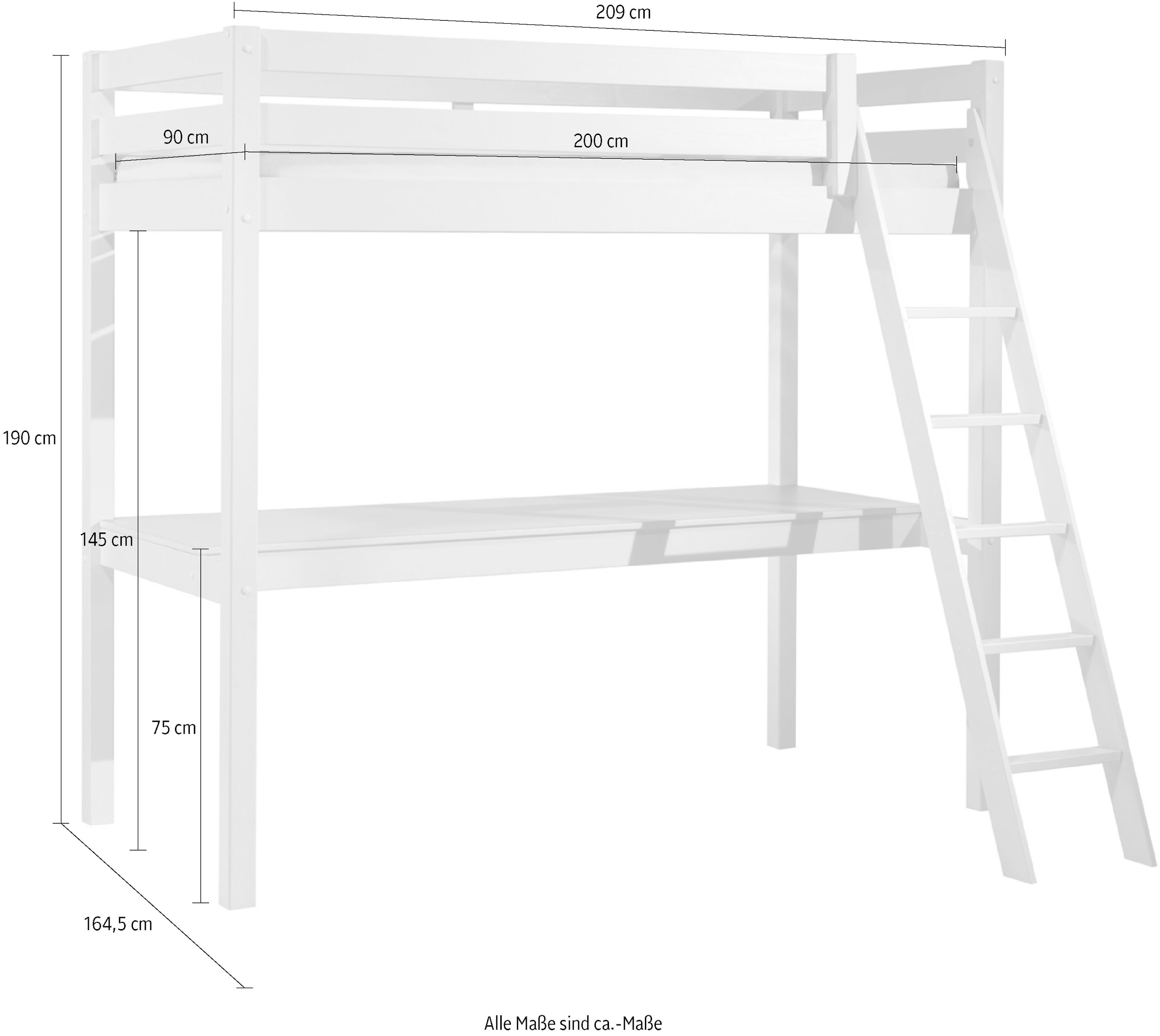 Vipack Lit superposé »Pino, Kiefer massiv, sehr standfest, Made in Europe, mit Sessel« L/H/P env. 209x190x215 cm, avec grand plan de travail et échelle,  incl. sommier à lattes réglable, protection anti-chute, 2 largeurs au choix