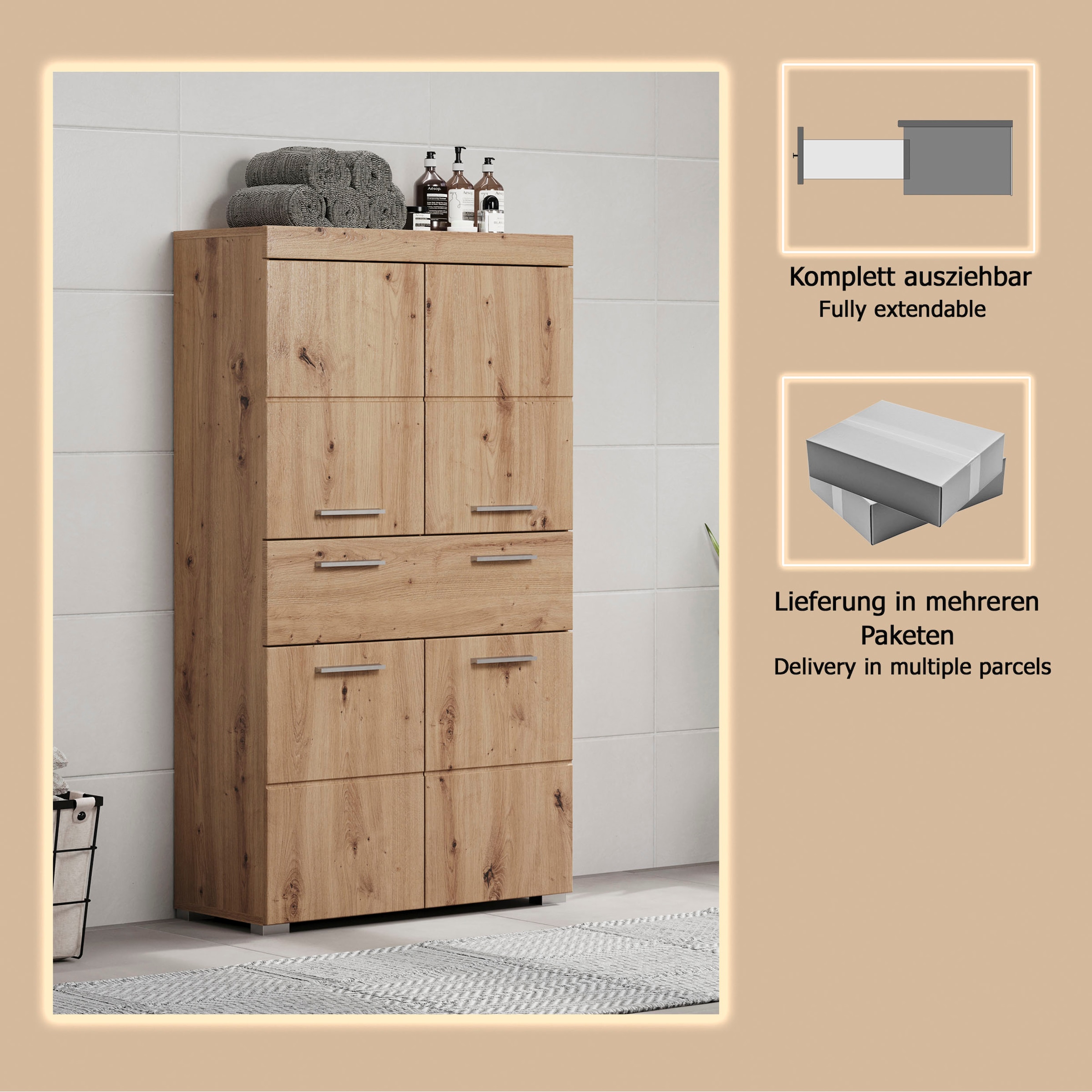 welltime Armoire intermédiaire »Avena« armoire debout avec 4 portes, 1 tiroir - (L/P/H) 73/31/130 cm