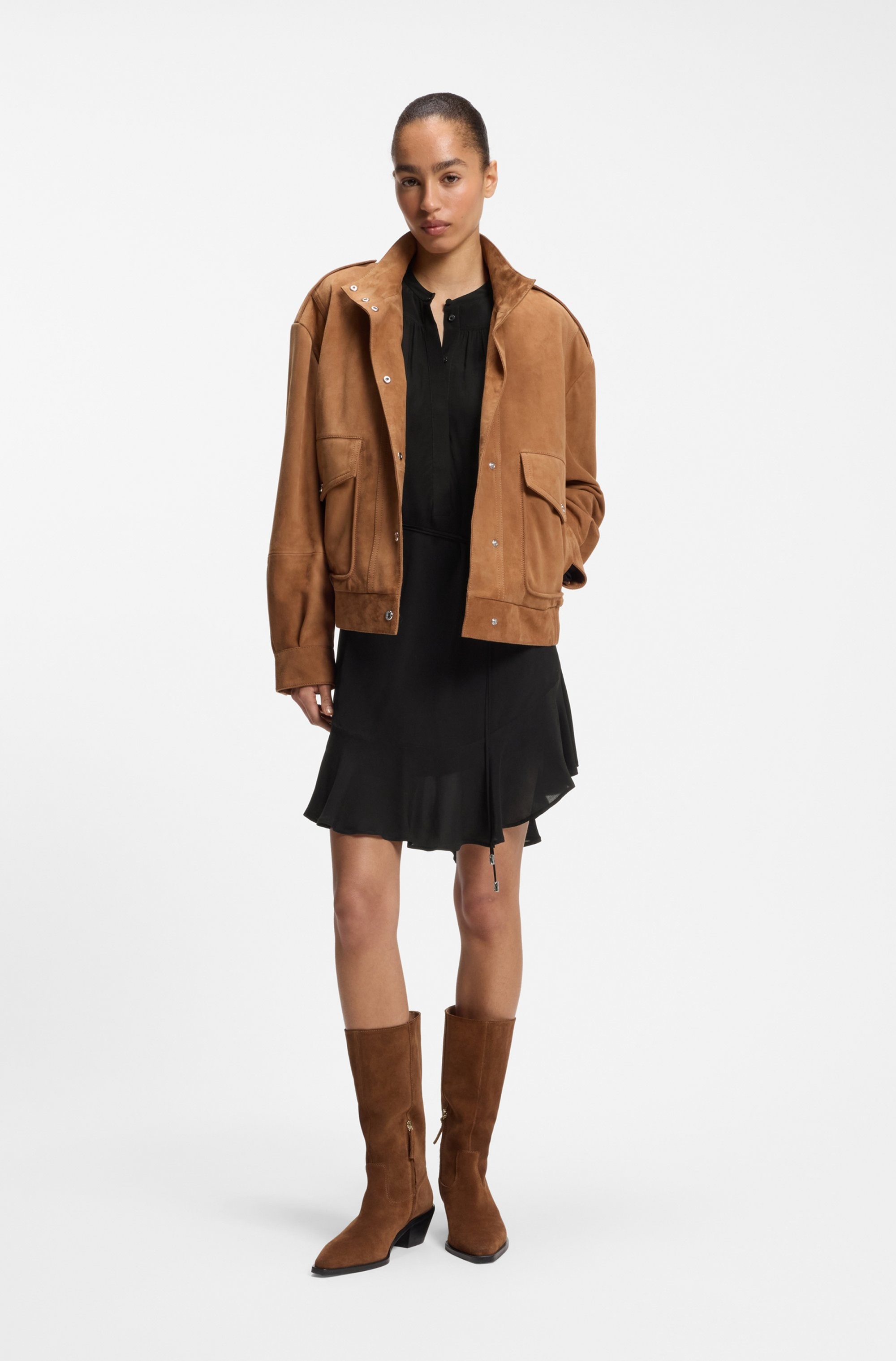 BOSS ORANGE Robe chemisier »Dassandra Premium Damenmode« avec patte de boutonnage cachée & ceinture à nouer, coupe décontractée
