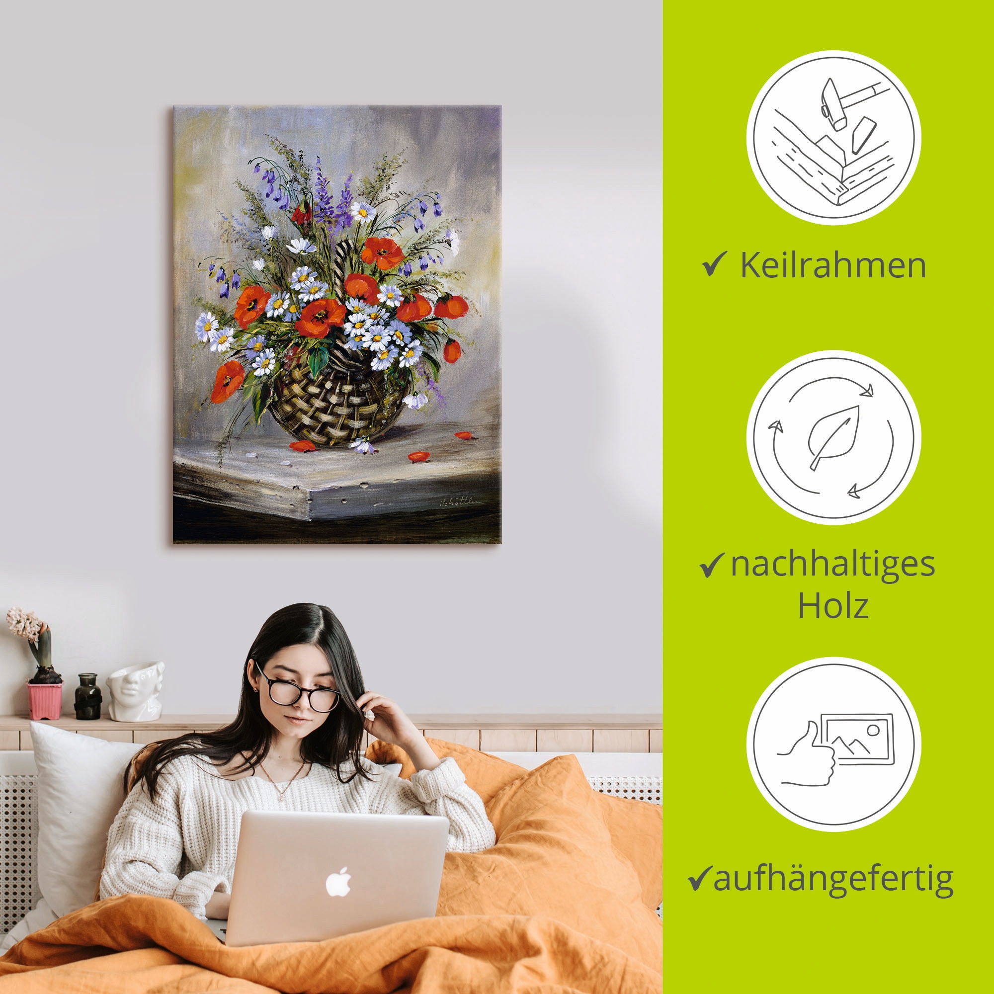 Artland Leinwandbild »Blumiger Korb« Blumen 1 Stk. tlg. auf Holzrahmen gespannt