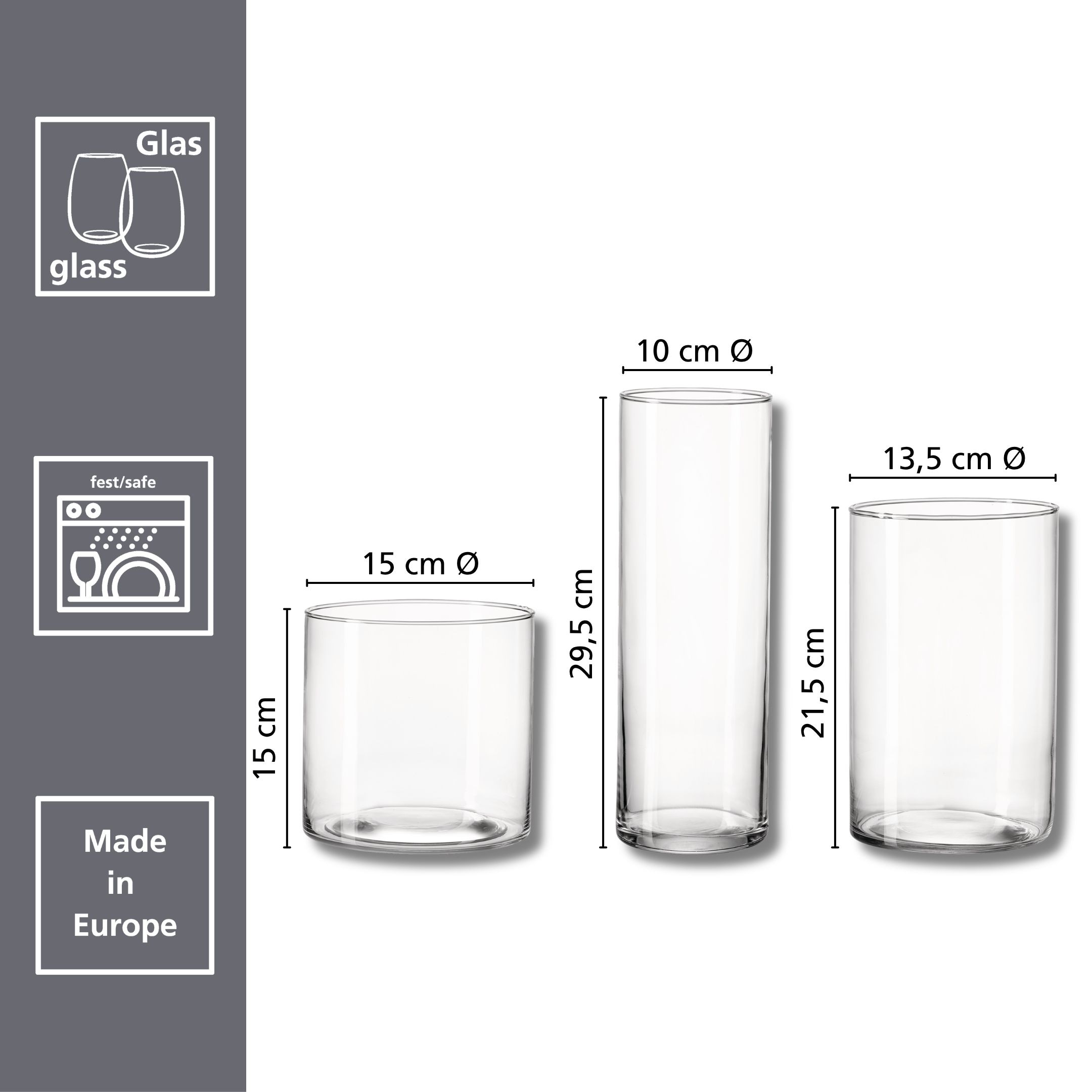 Ritzenhoff & Breker Vase de table »Klares Glasvasen-Set Leonie, 3-teilig, sortiert« harmonische Arrangements, moderne Zylinderform, vielseitig einsetzbar