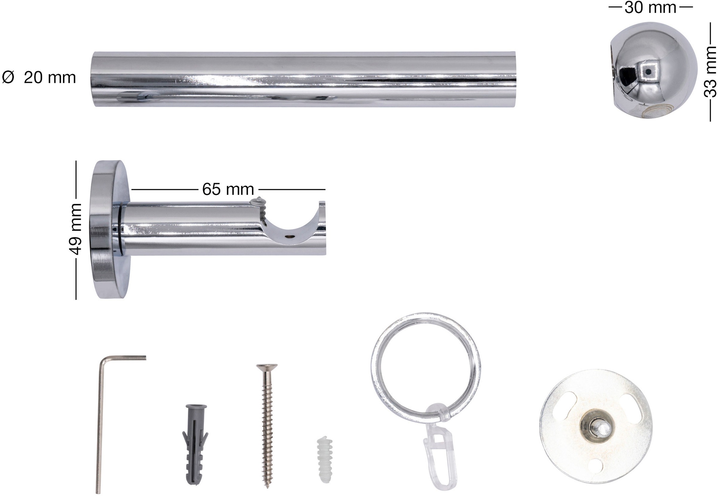 mydeco Tringle à rideaux »20mm Ball Wandträger 6,5 cm« 1 läufig-läufig Fixmass