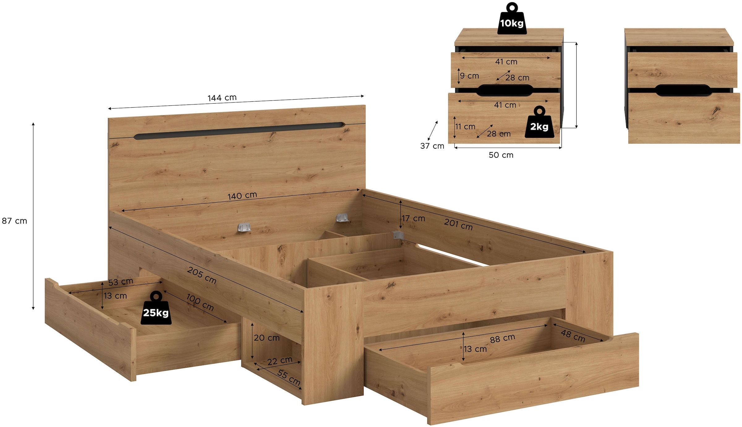 Home affaire Ensemble de chambre à coucher »REHAT, 3-teilig, bestehend aus: Stauraumbett & 2x Nachtkommode« TOPSELLER!, für Matratzengrösse 140x200 cm, viel Stauraum, 3 cuis tlg. Rehat, Schlafzimmerset, Bett 140x200 cm, 2 Nachttische