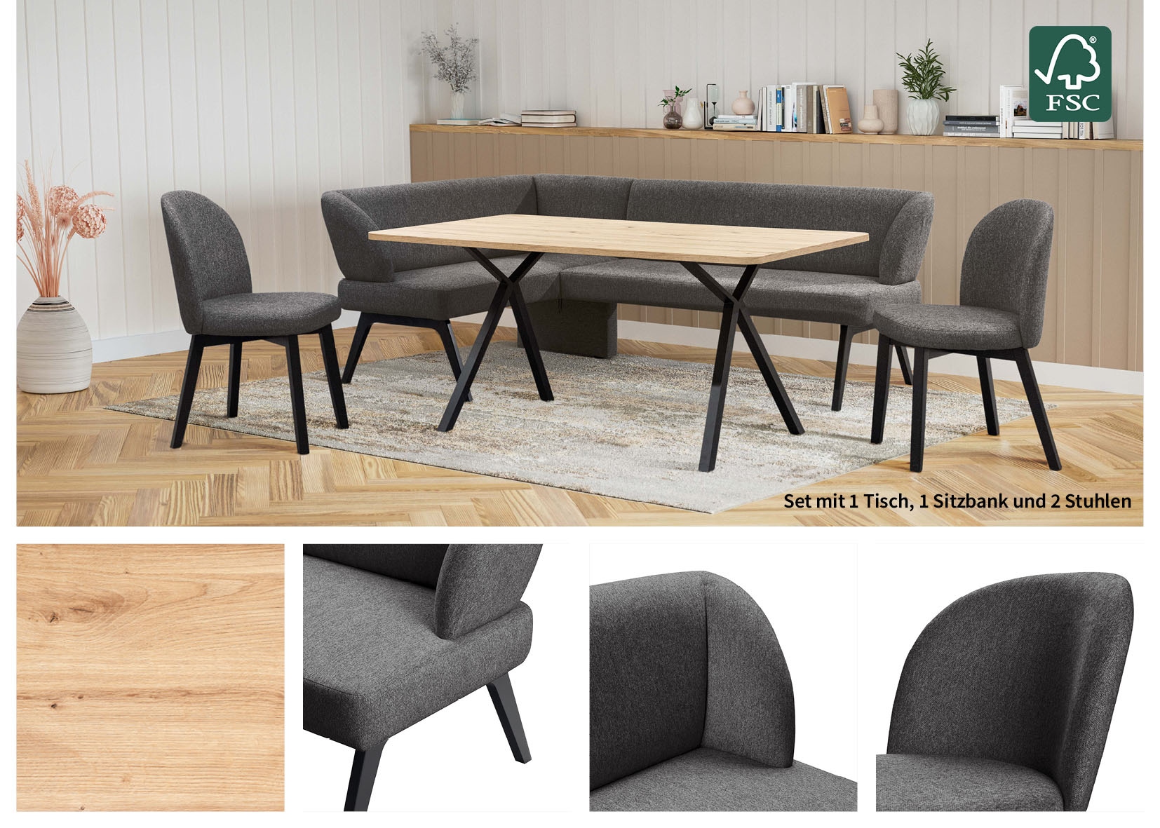 Home affaire Eckbankgruppe »Aretha Essecke, Sitzgruppe, Eckbank, Küchenbank« Set, 4er, 4 Stk. tlg. Esszimmer Sitzgruppe, Tisch, Stühle und Bank gepolstert, Nosagfederung