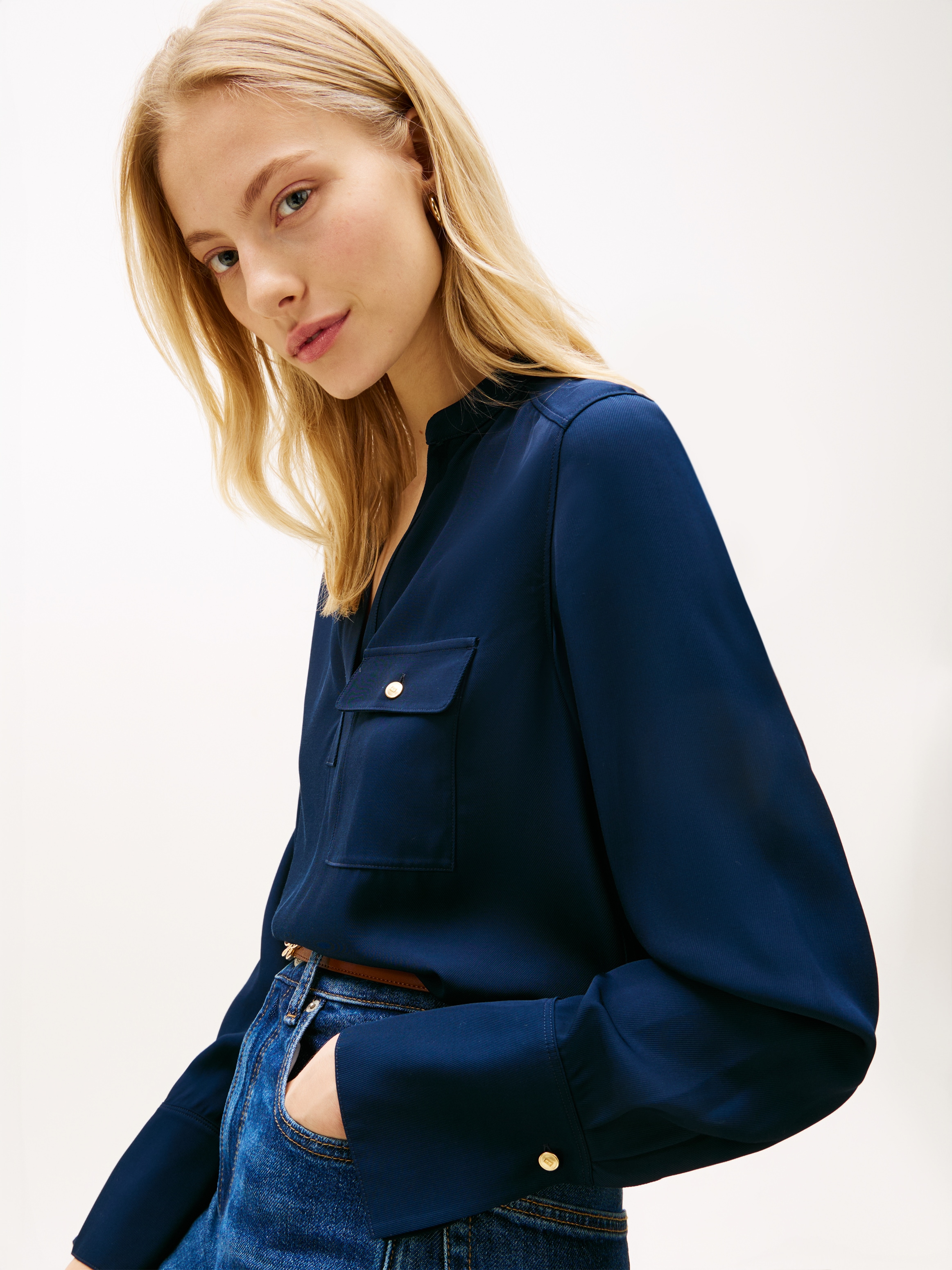 Tommy Hilfiger Blouse à manches longues »VIS TWILL V NECK BLOUSE LS« mit Knopfleiste