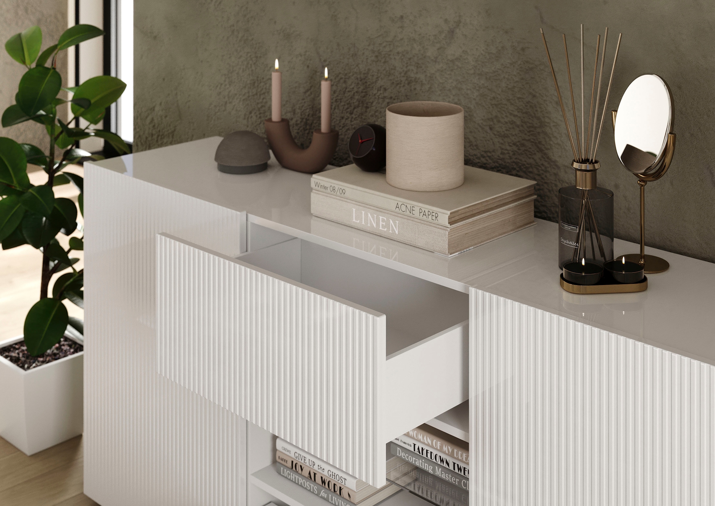 Home affaire Sideboard »Rio Breite 181 cm, Kommode mit 2 Türen u. 2 Schubkästen,« geriffelte MDF-Fronten, modern u. elegant, viel Stauraum