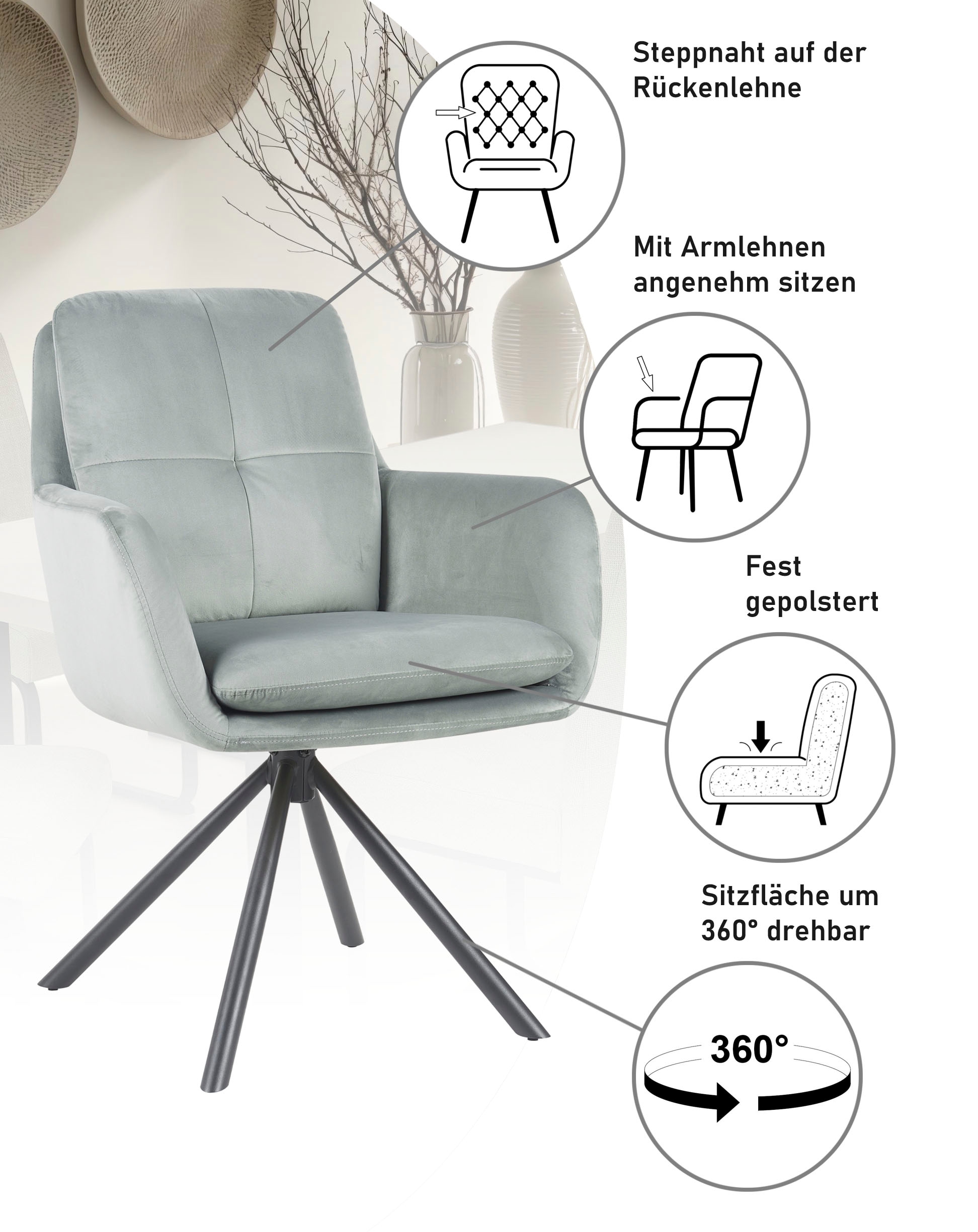 HELA Chaise avec accoudoirs »PARMA« (Ensemble) 2 cuis2er Pack, 360° drehbar, 4-Fuss, Kissenoptik, Samtvelour, Armlehnen