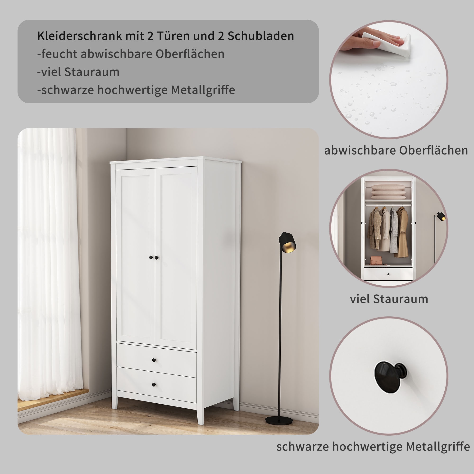 GOODproduct Armoires à vêtements »Borkum Schlafzimmerschrank Garderobe Landhaus Bestseller weiss« hochwertige schwarze Griffe aus Metall,  Schlafzimmerschrank mit 2 Türen und 2 Schubladen