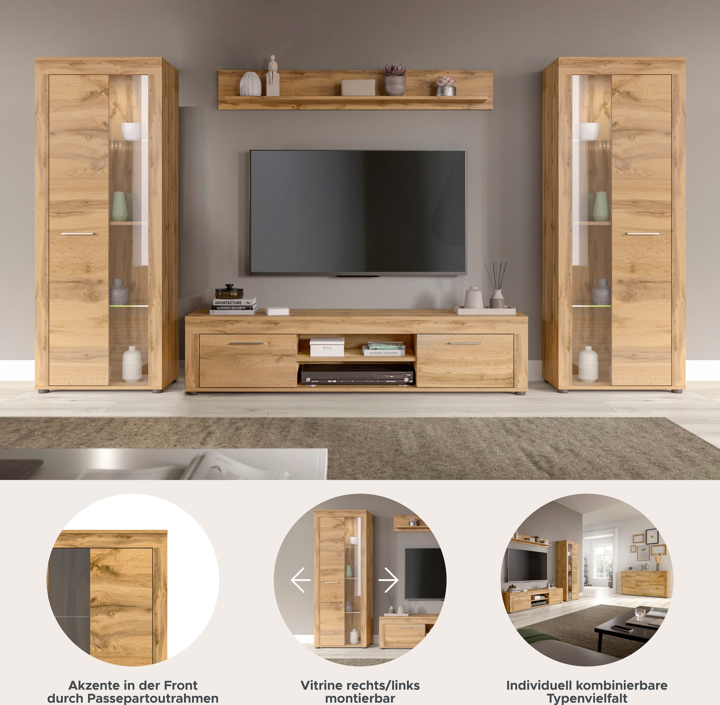 Home affaire Meuble mural »AOSTA, Breite 310cm, 4-teilige Wohn-Kombination« bestehend aus: 2x Vitrine, Lowboard, Wandboard, 
