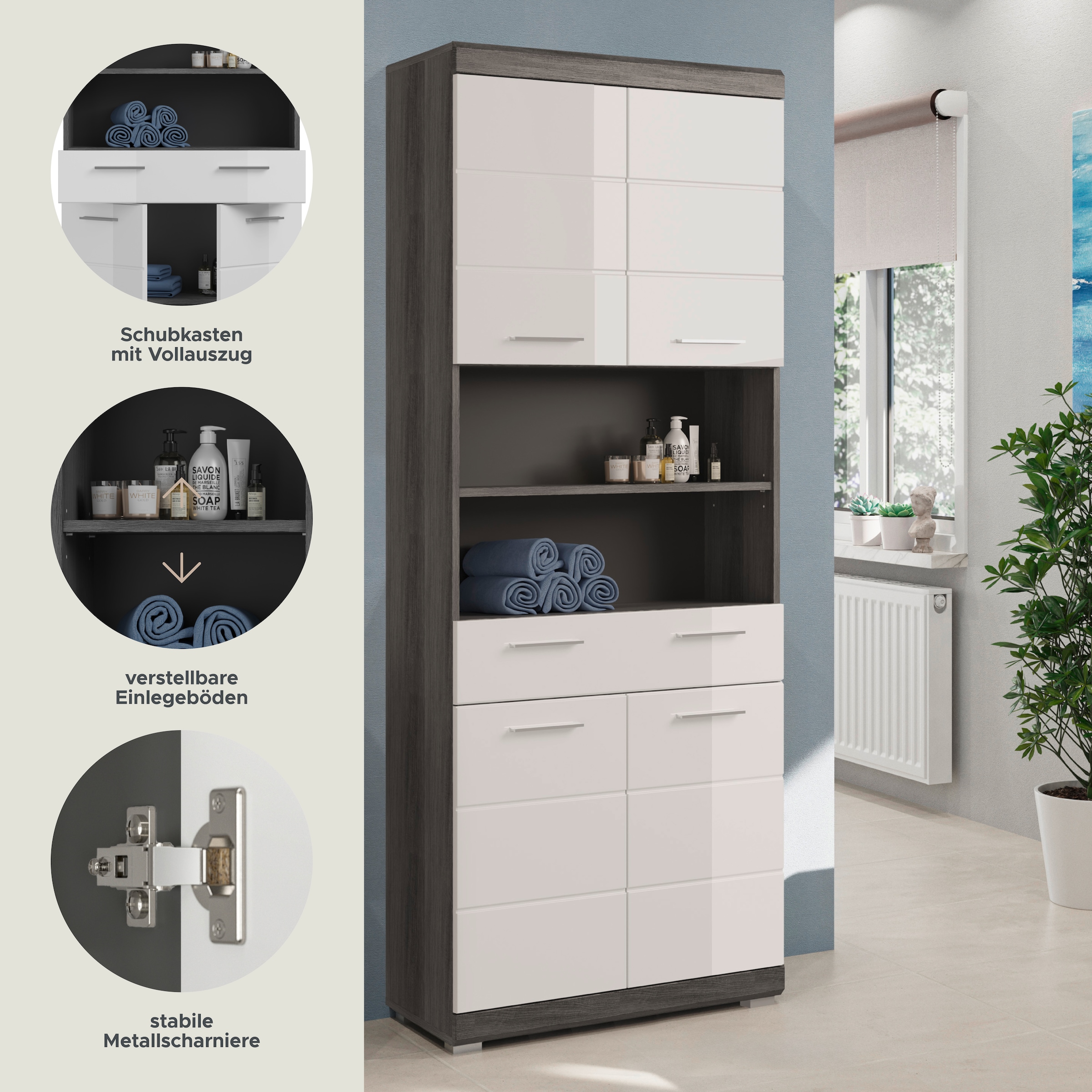 welltime Armoire haute »SIENA, Breite 74cm, 4 Türen, 1 Schubkasten, 2 offene Fächer, MDF-Front« TOPSELLER!,  in verschiedenen Farben erhältlich, Badmöbel, Badschrank, Schrank, Bad