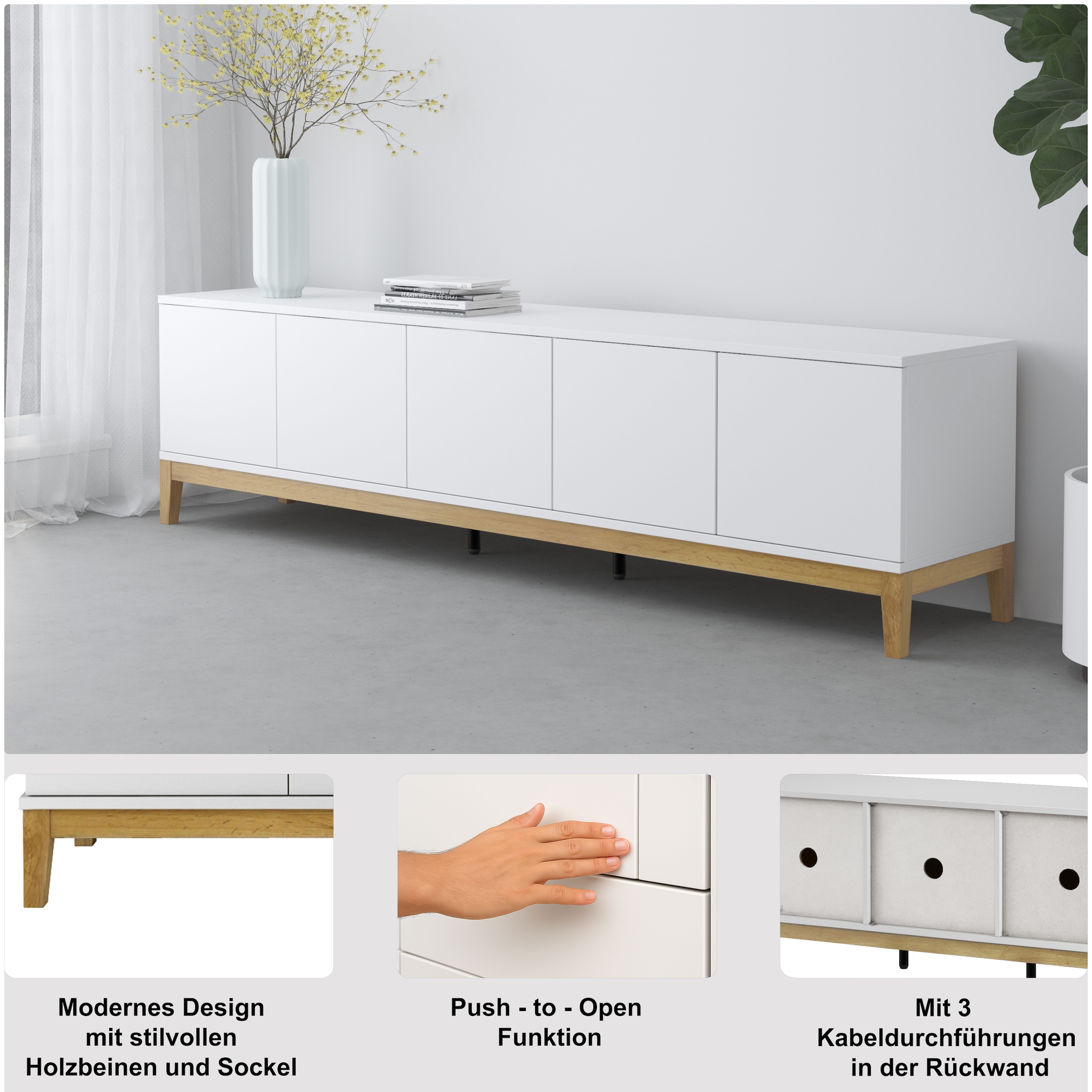 andas Lowboard »Maryd« TV-Kommode mit Kabeldurchführung, Push-to-Open Funktion, Breite 200 cm