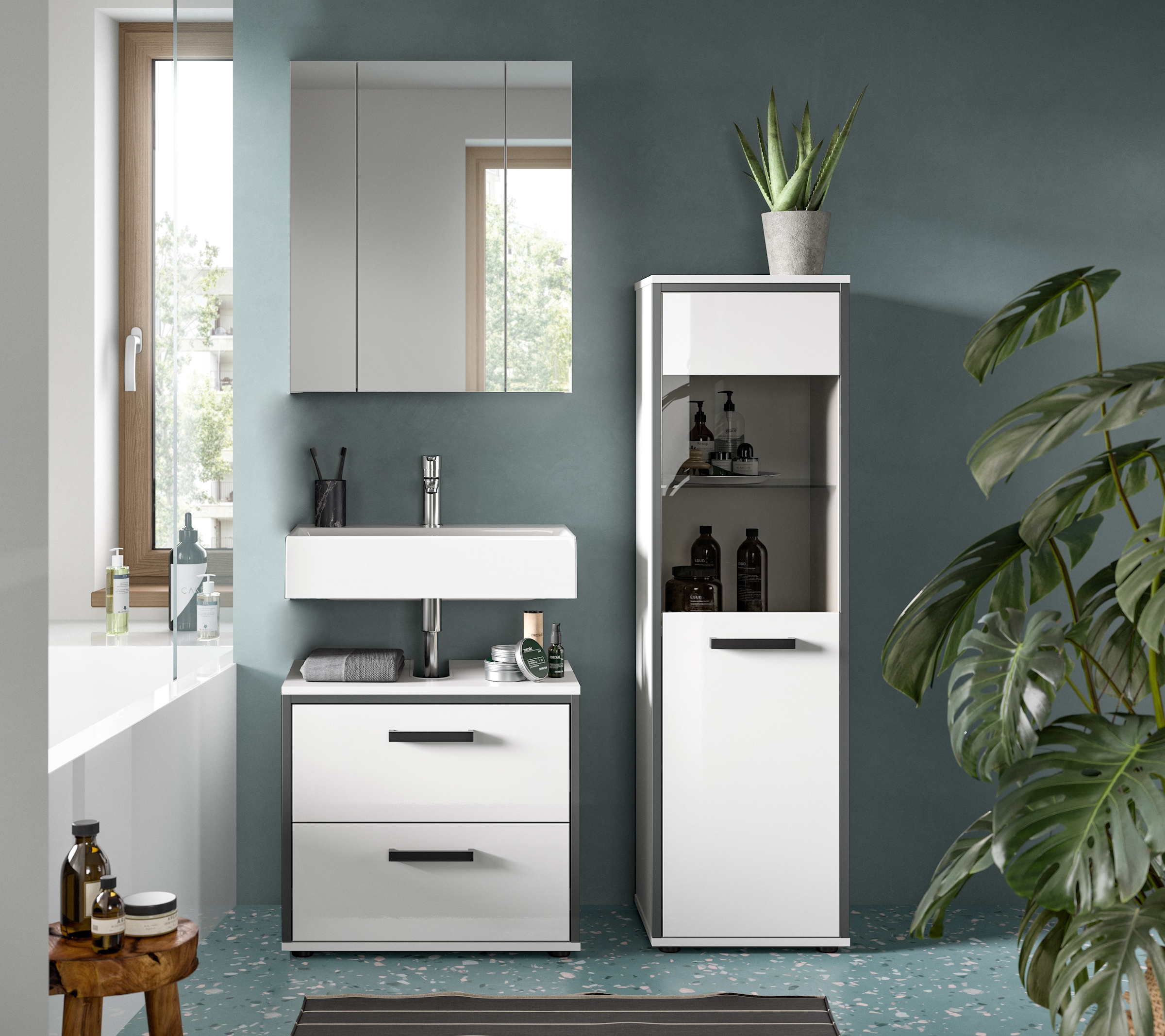 welltime Badmöbel-Set »KAJO, 3-tlg. Badkombination, weiss hochglanz« Set, Set, best. aus:1 Midischrank,1Spiegelschrank,1Waschbeckenunterschrank, 3 Stk. tlg.