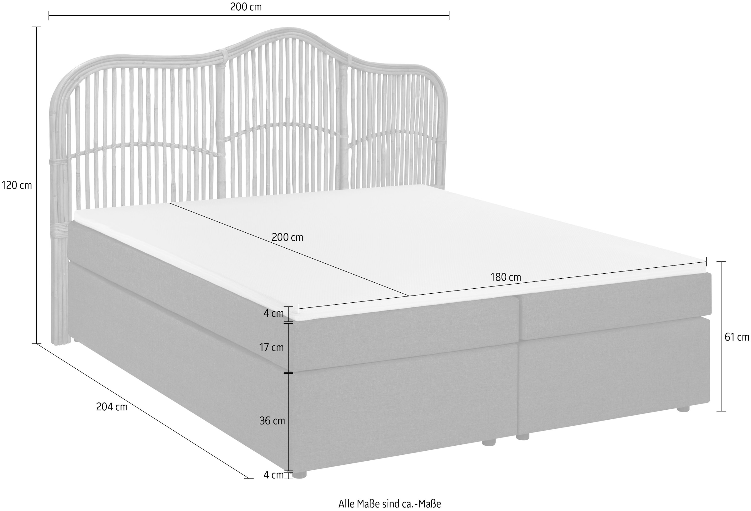 SIT Lit boxspring »Syracuse 180x200 cm mit Rattan-Kopfteil und Topper« Tête de lit en rotin véritable rencontre le confort de la literie à ressorts