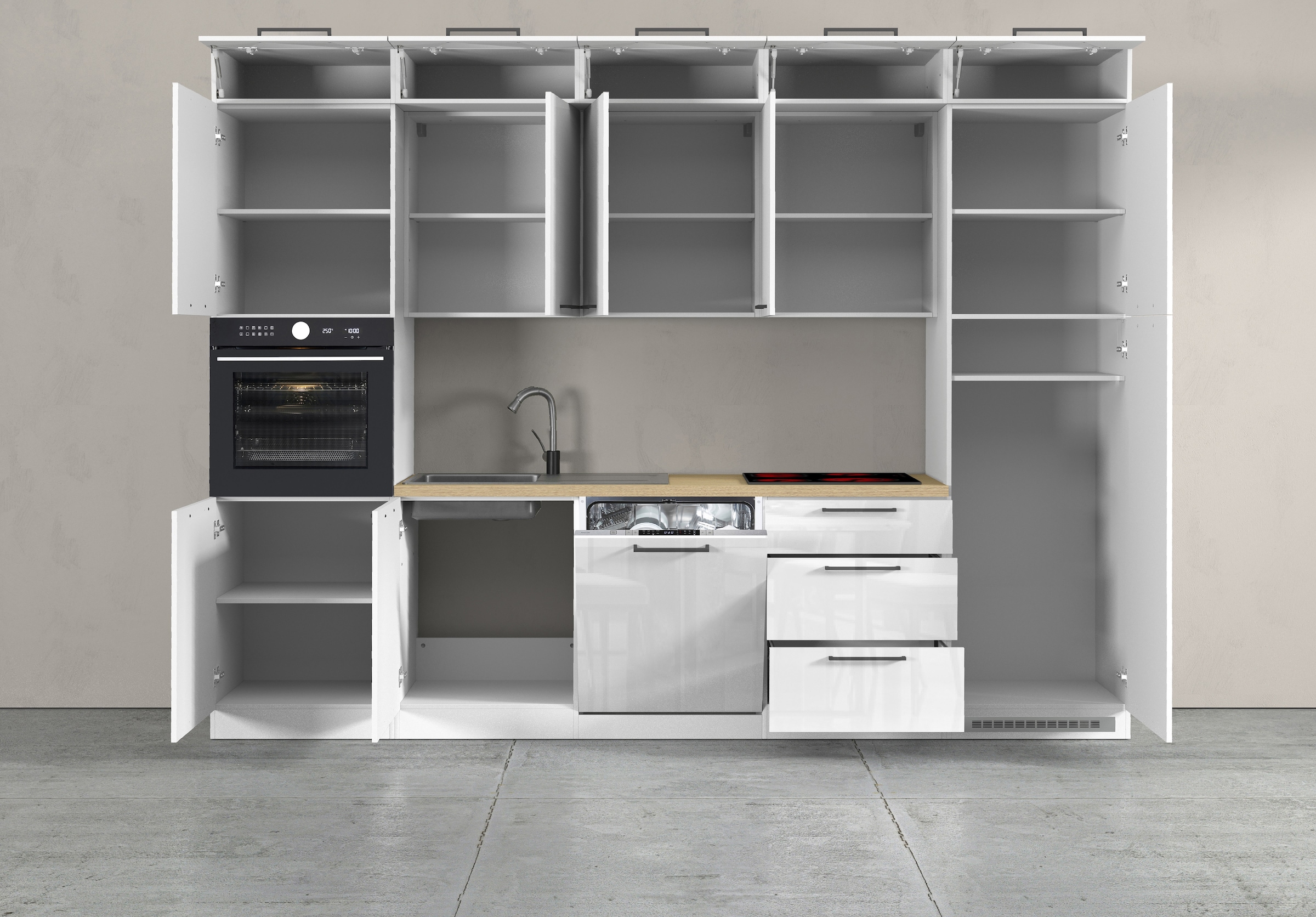 KOCHSTATION Kitchenette »Luna, Einbauküche, Zeilenküche, mit Soft-Close Funktion, Made in Italy« Breite 300 cm ohne E-Geräte, mit Spüle+Siphon und Aufsatz