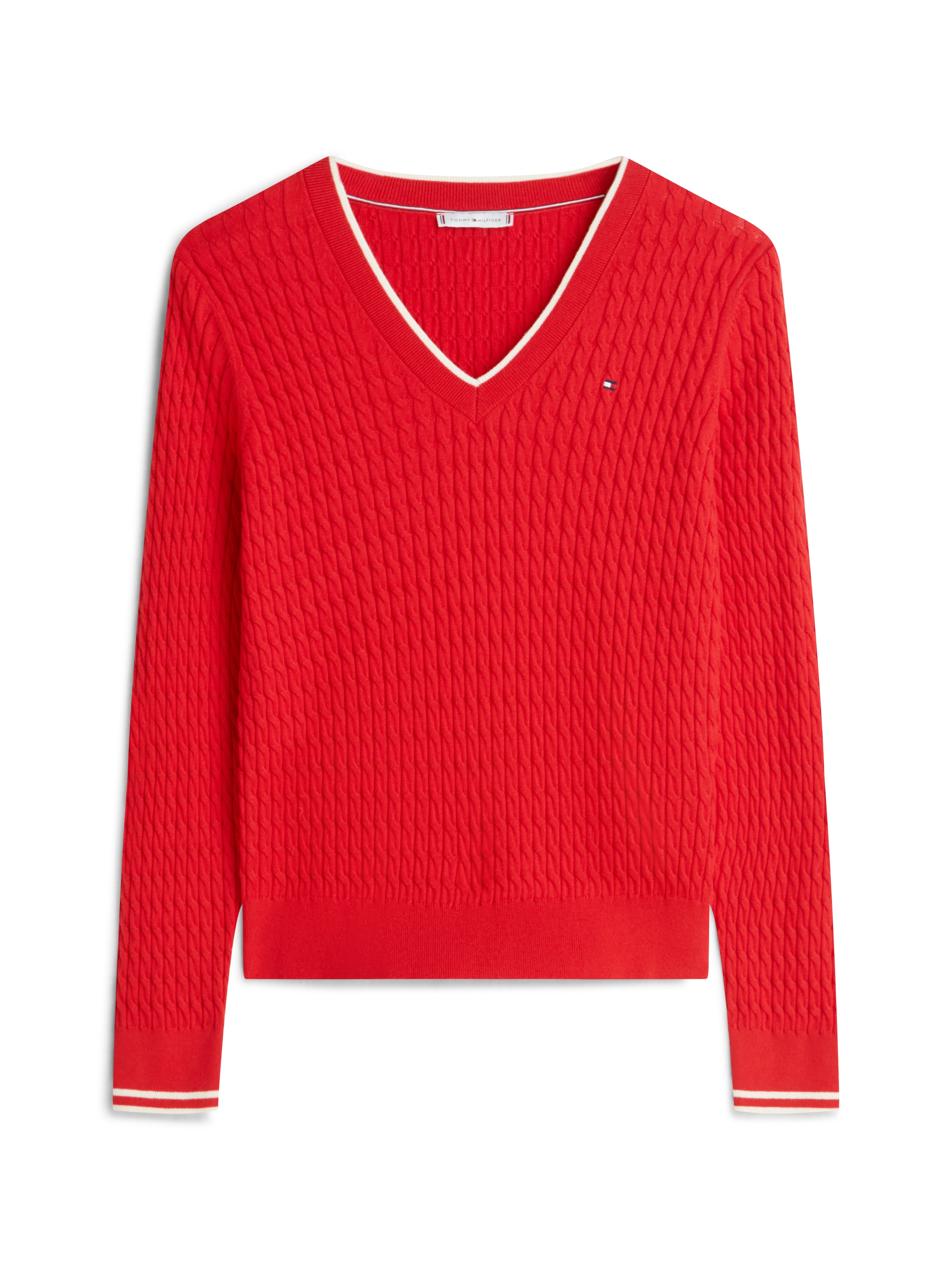 Tommy Hilfiger Pull col V »CO CABLE V-NK LS SWT« mit Zopfmuster, Logostickerei