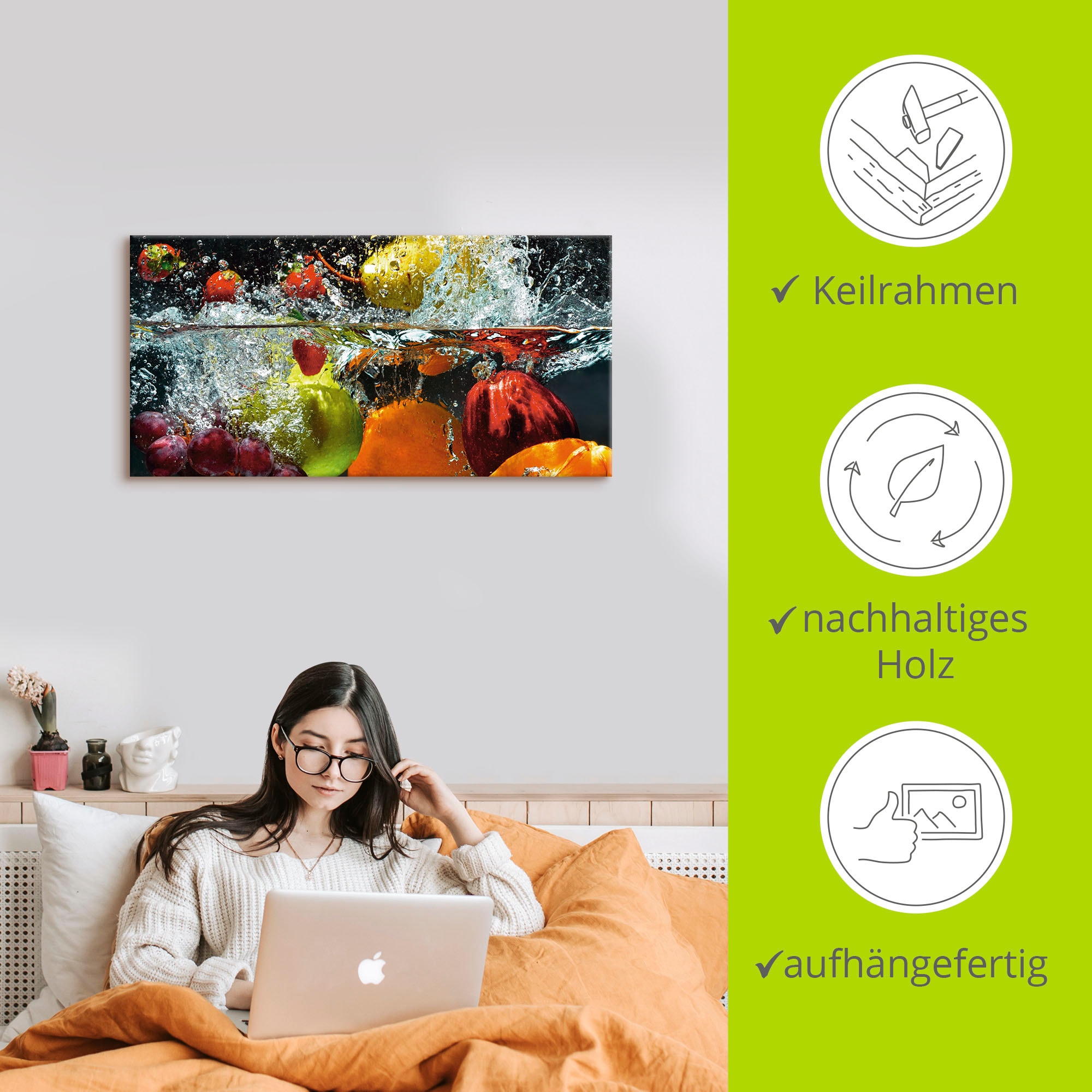 Artland Leinwandbild »Spritzendes Obst auf dem Wasser« Lebensmittel 1 Stk. tlg. auf Holzrahmen gespannt