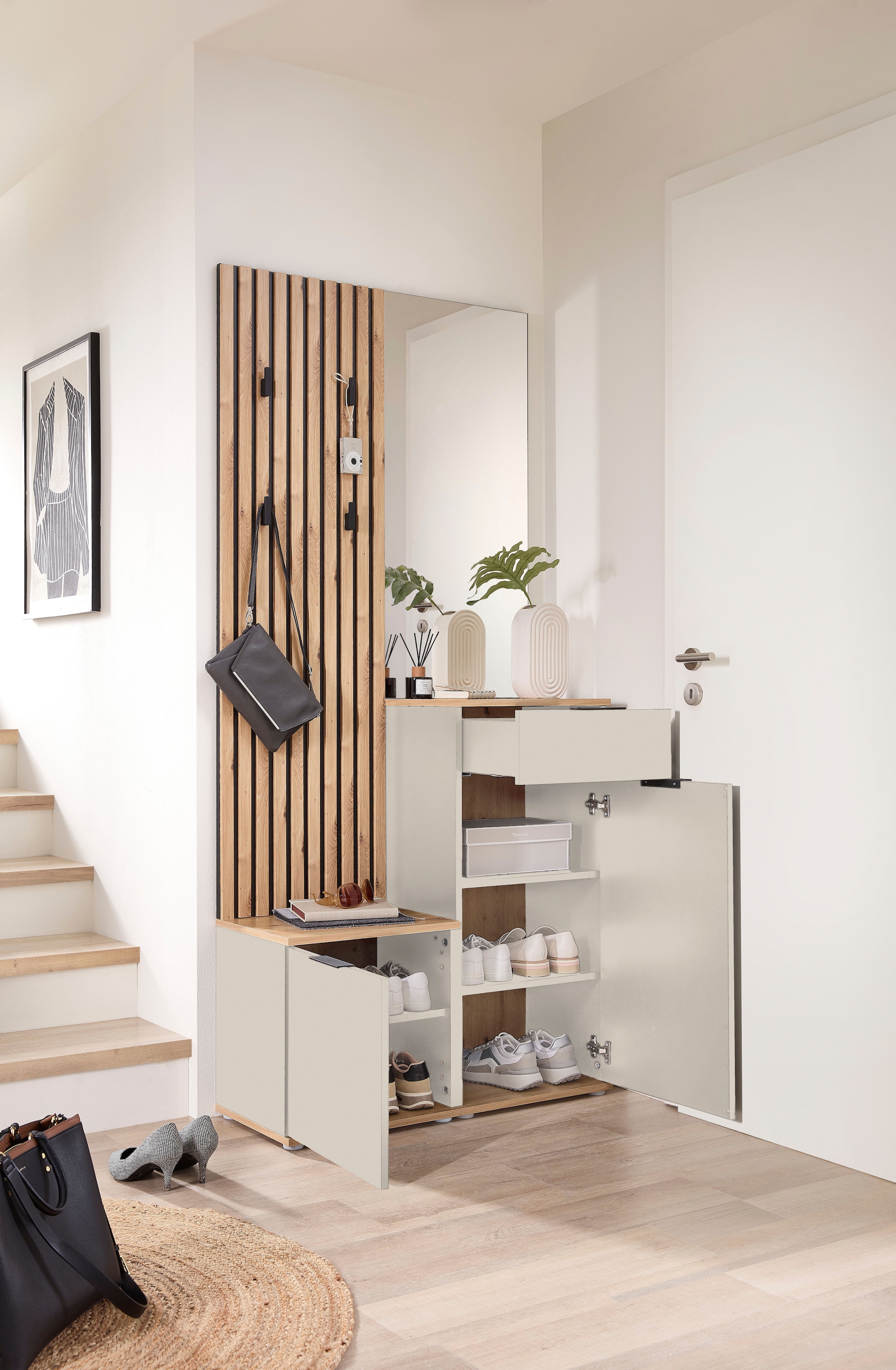HBZ Vestiaire compact »Simple mit Spiegel, Flurgarderobe BxHxT 88x195x35 cm« 4 cuis tlg. avec banc, panneau, meuble à chaussures avec tiroir et miroir