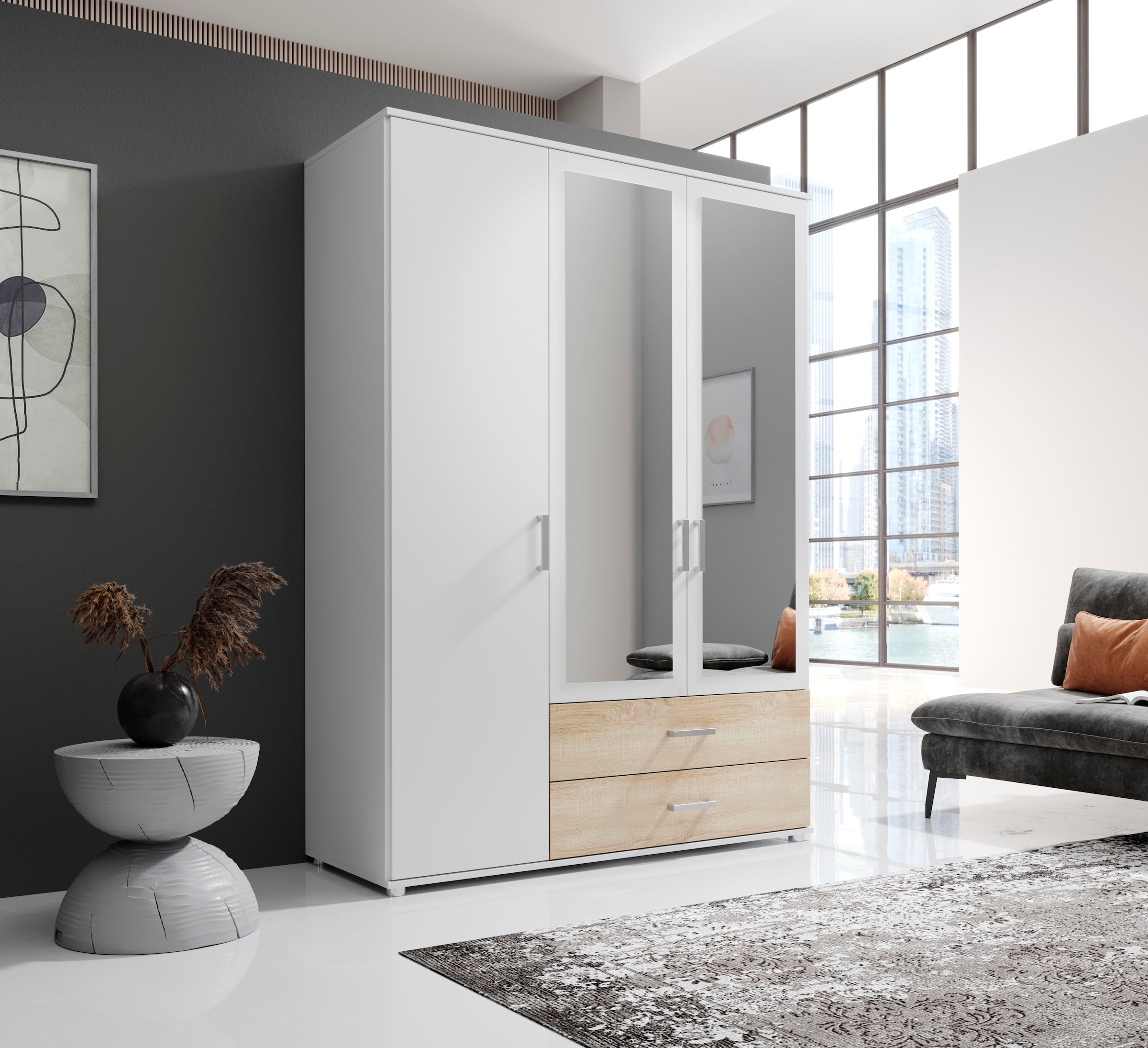 Schlafkontor »Ivar Kleiderschrank mit Spiegel« inklusive 2 Spiegeltüren und 2 farblich abgesetzten Schubkästen