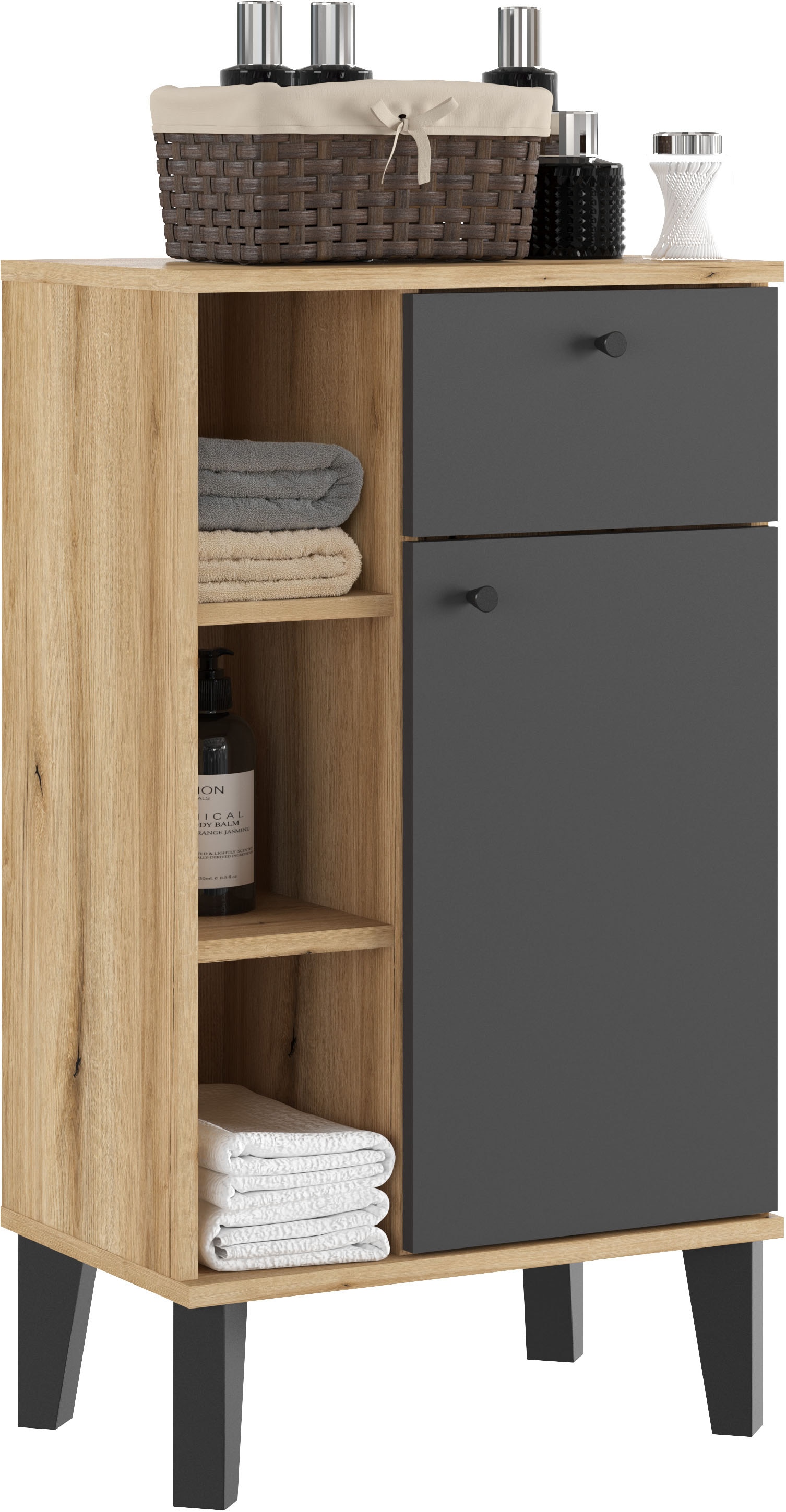 INOSIGN Midischrank »Oslo, Badschrank mit Knopfgriff, Schrank im skandinavischen Design« in der Türfarbe Weiss oder Grau verfügbar, ausreichend Stauraum