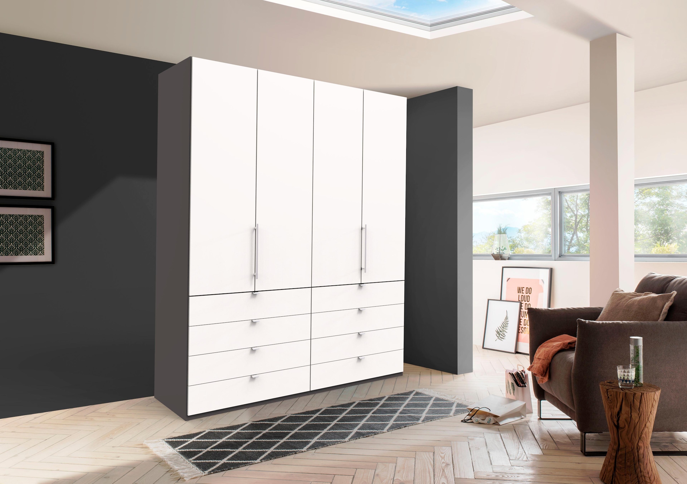 WIEMANN Armoire à portes pliantes »Loft, Kleiderschrank, Schrank, Wäscheschrank, mit Glasfront« 3 Breiten, 2 Höhen 216/236 cm auswählbar, MADE IN GERMANY,  inkl. gepämpften Schubkästen und Türen, mit Panoramaöffnung