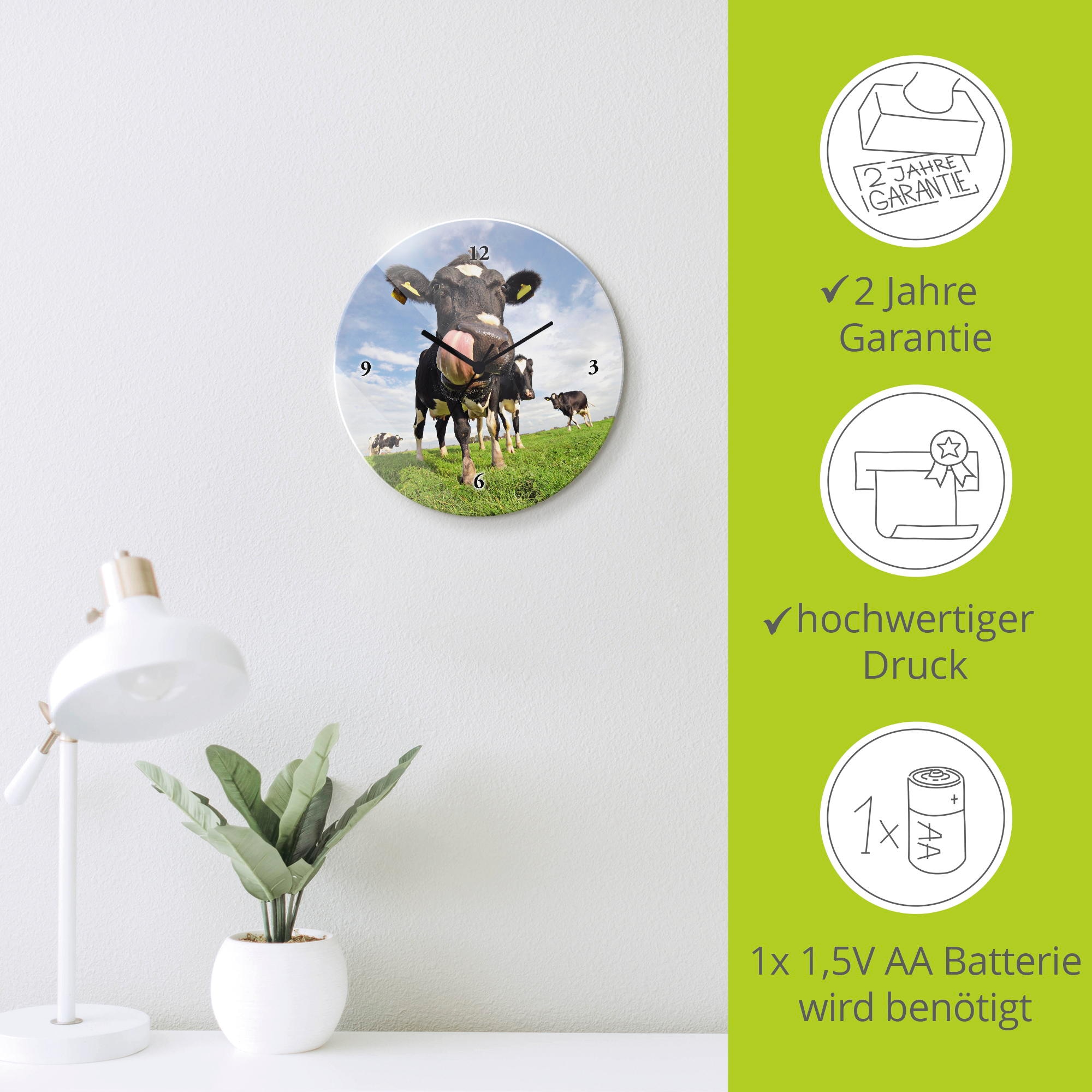 Artland Wanduhr »Holstein-Kuh mit gewaltiger Zunge« wahlweise mit  Quarz- oder Funkuhrwerk, lautlos ohne Tickgeräusche