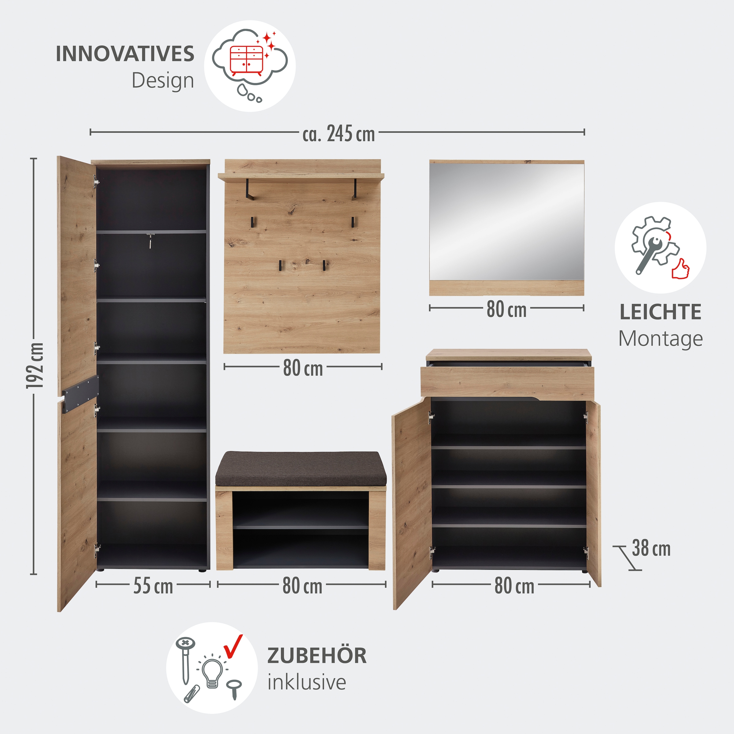 GOODproduct Armoire vestiaire »Bergen Garderobenschrank, 55/192/38 (B/H/T cm)« 1 cuis tlg. 4 türig, Spiegel, Softclose, Kleiderstange