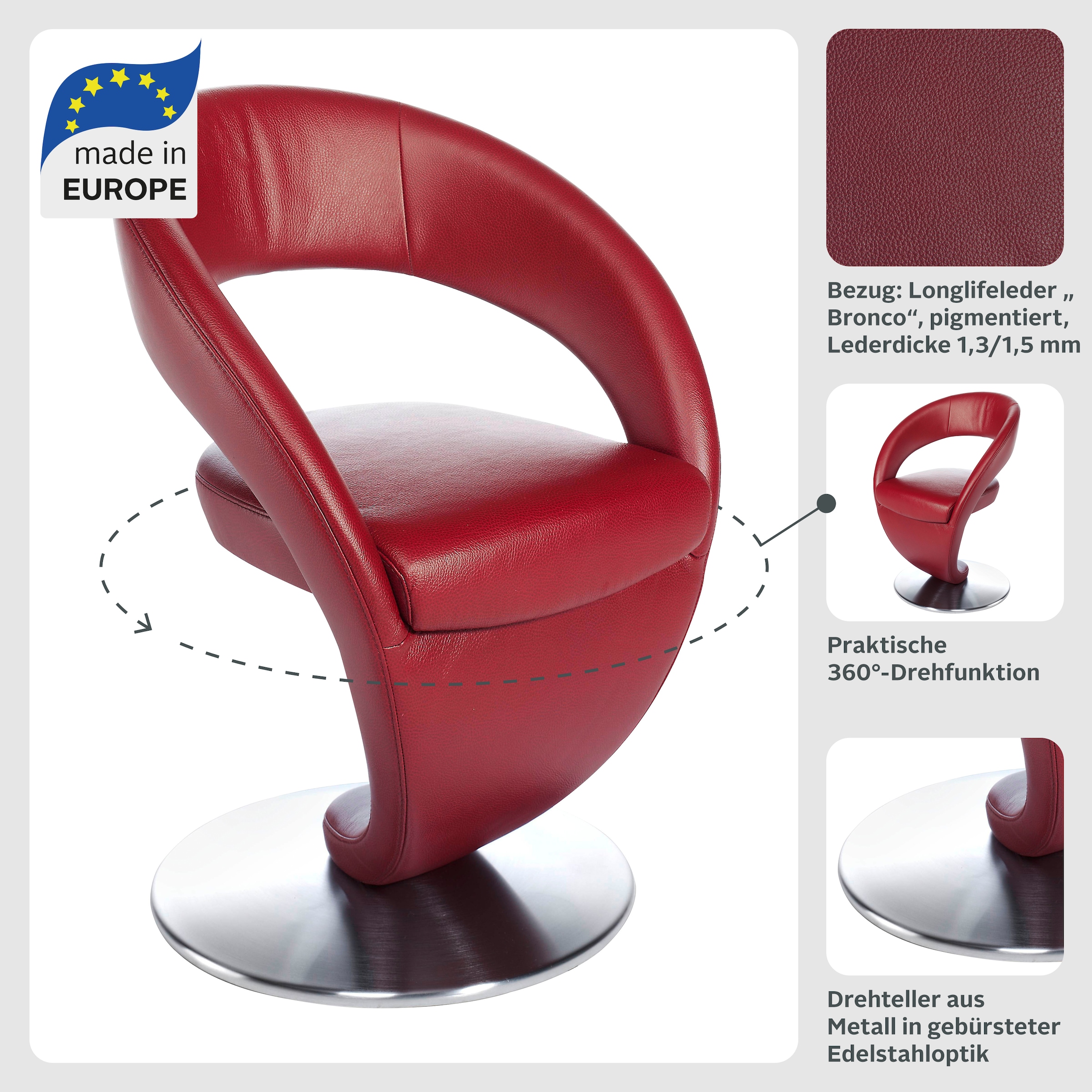 K+W Komfort & Wohnen Chaise de salle à manger »Wave, Drehstuhl, Polsterstuhl« () Fauteuil design pivotant, plateau tournant aspect acier inoxydable