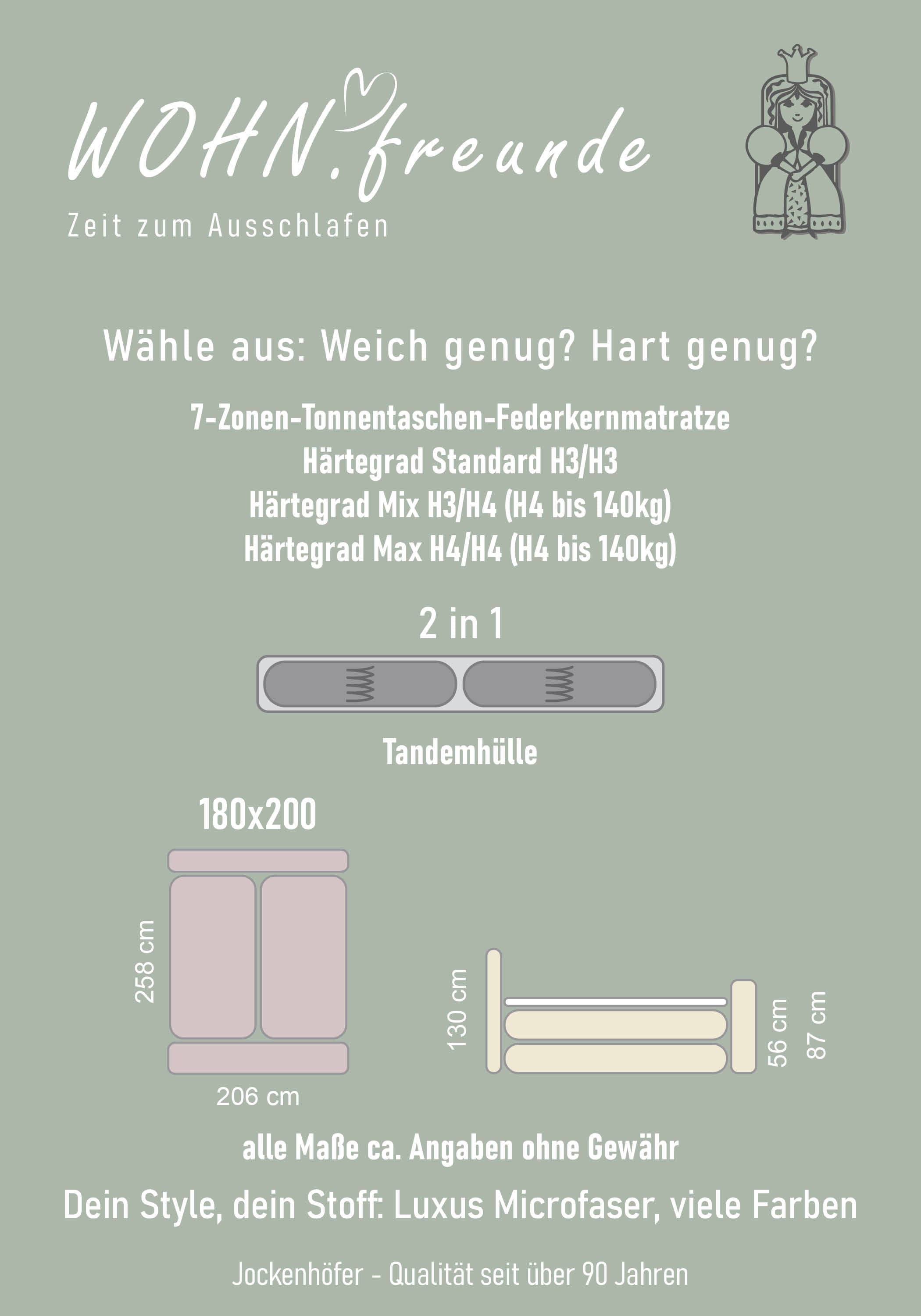 Jockenhöfer Gruppe Lit boxspring »MOVIESTAR, mit Taschenfederkernmatratze H3-H4, inkl. LED-Beleuchtung« revêtement en tissu structuré ou en microfibre au choix, 180x200cm