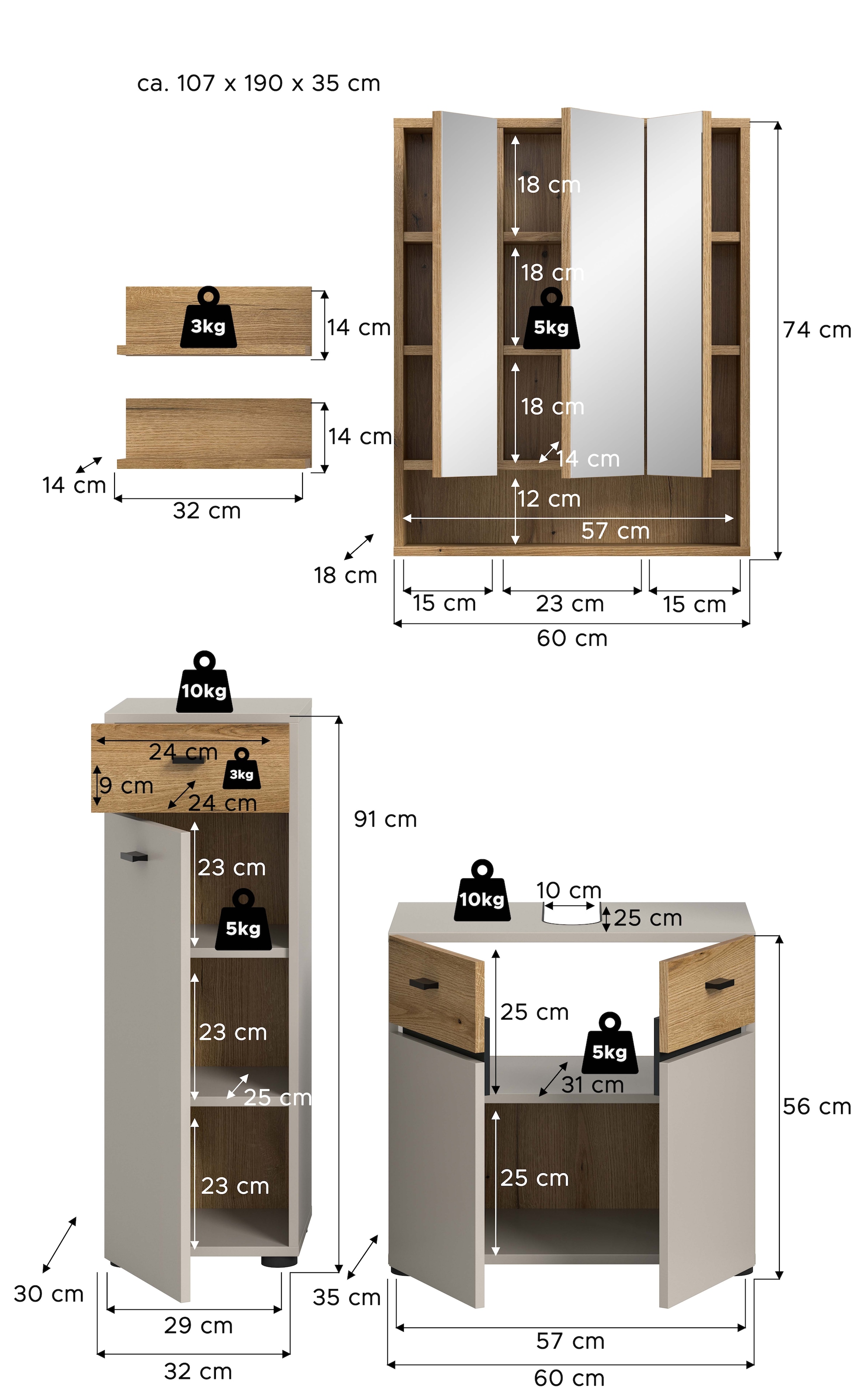 welltime Ensemble de meubles de salle de bain »VANN, 5-teilige moderne Badkombination, individuell stellbar« Midischrank, 2er Set Wandregal, Waschbeckenunterschrank,Spiegelschrank, 5 cuis tlg.