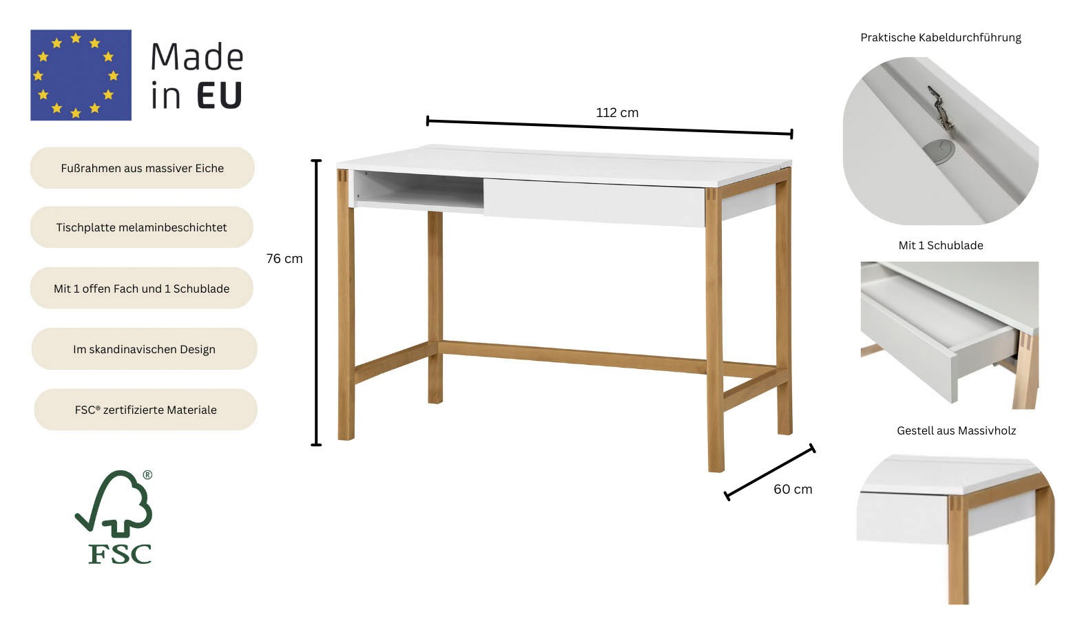 Woodman Bureau »Northgate« design scandinave, largeur 112 cm, certifié FSC®