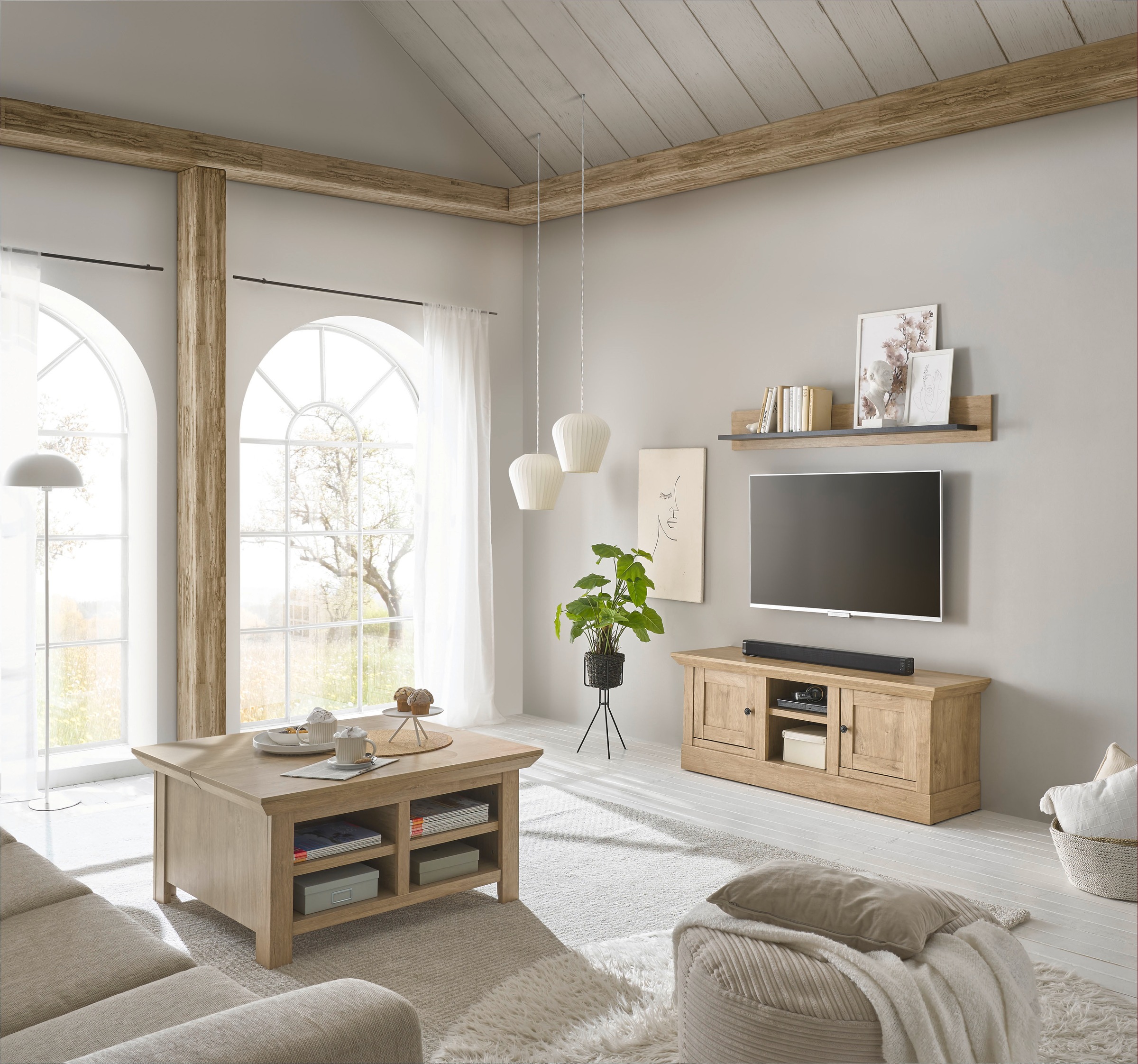 Home affaire Meuble mural »Cornwall, Anbauwand im Landhausstil, Wohnzimmer-Set, Eiche Dekor« Set, 2 cuis tlg.