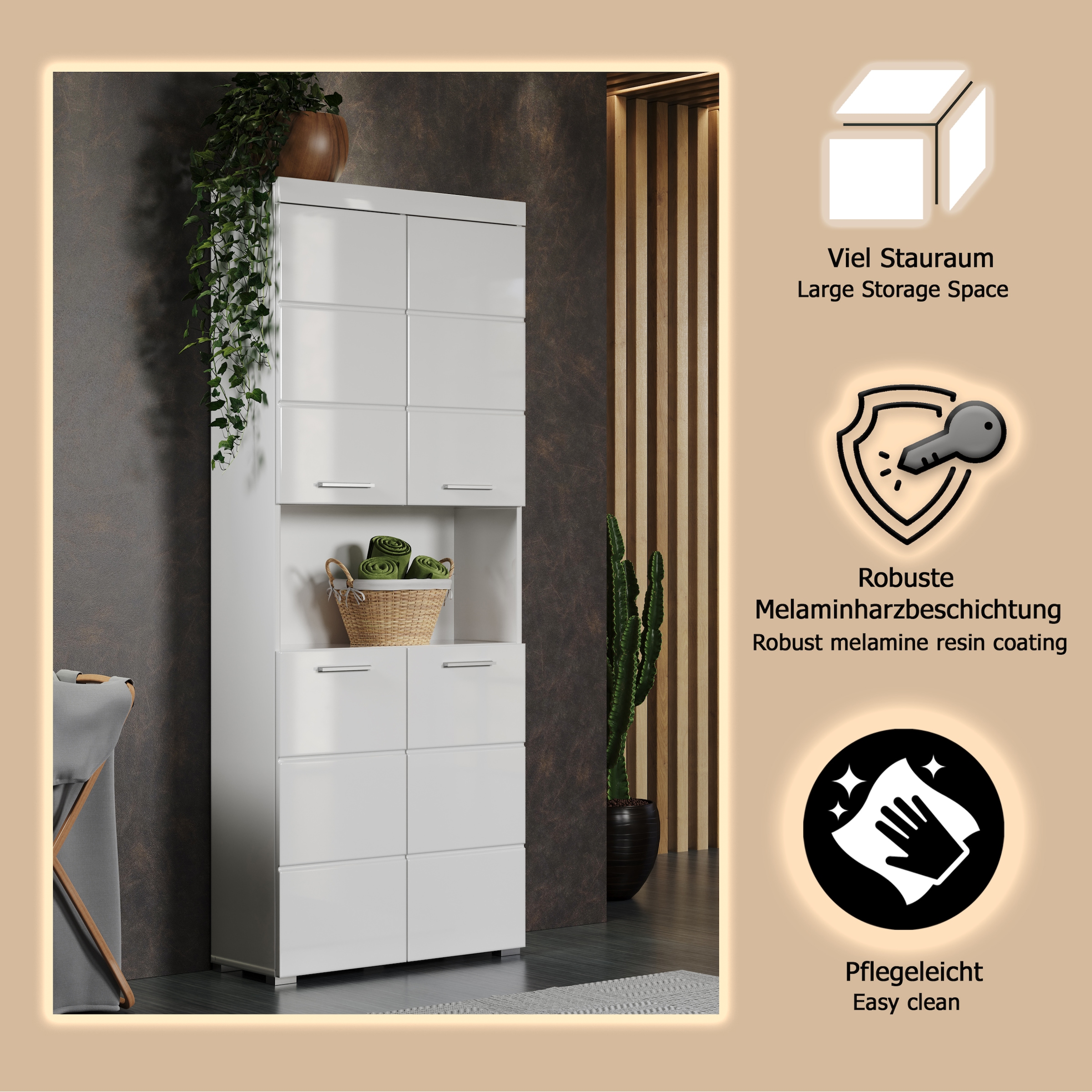 welltime Hochschrank »Avena« Badschrank 4-türig mit o. Fach und 4 Einlegeböden - B/T/H 73/31/190 cm