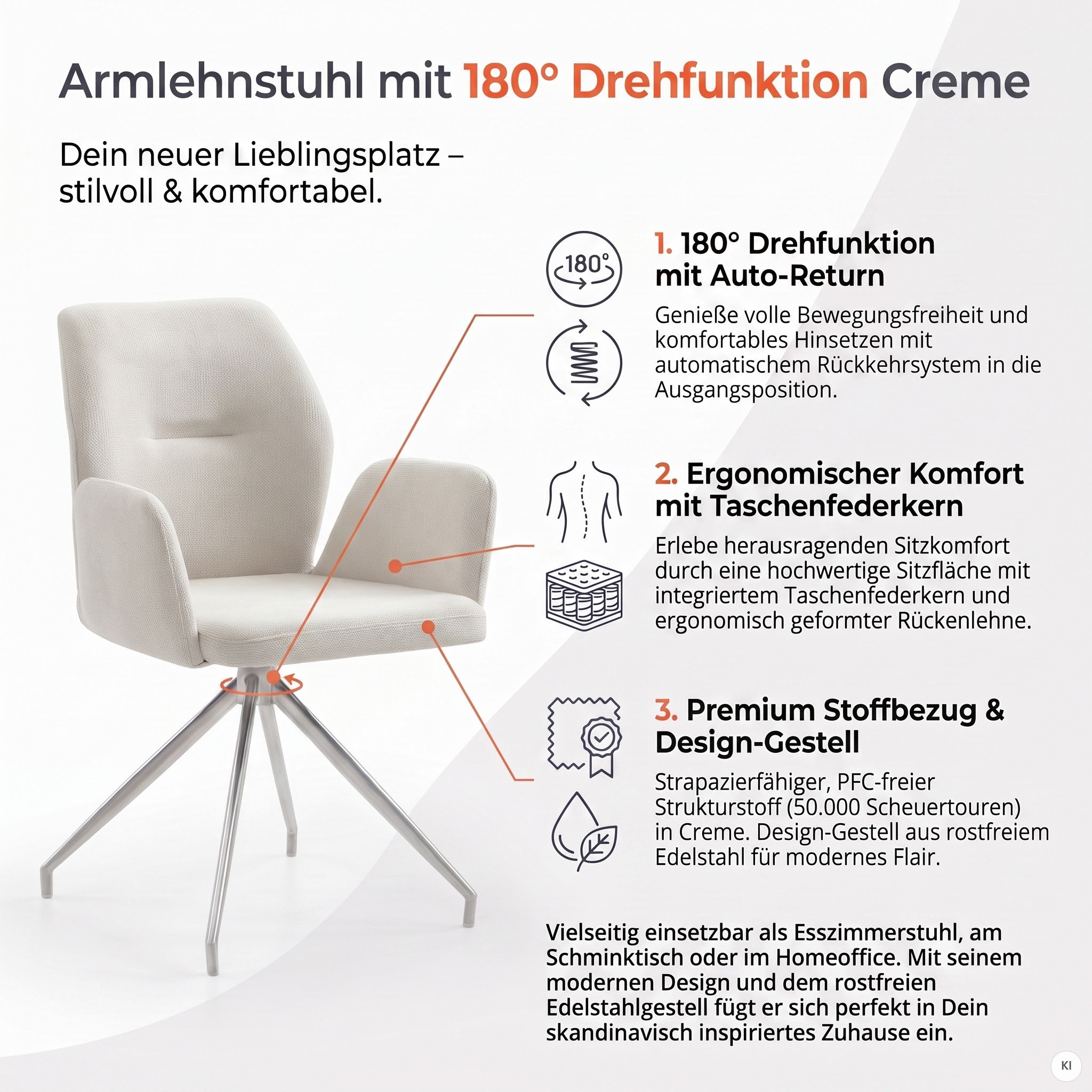 SalesFever Esszimmerstuhl »Taormina Armlehnstuhl mit silbernem Edelstahlgestell« () 1 Stk.Esszimmersessel, 180° Drehfunktion, Gestell aus rostfreiem Edelstahl