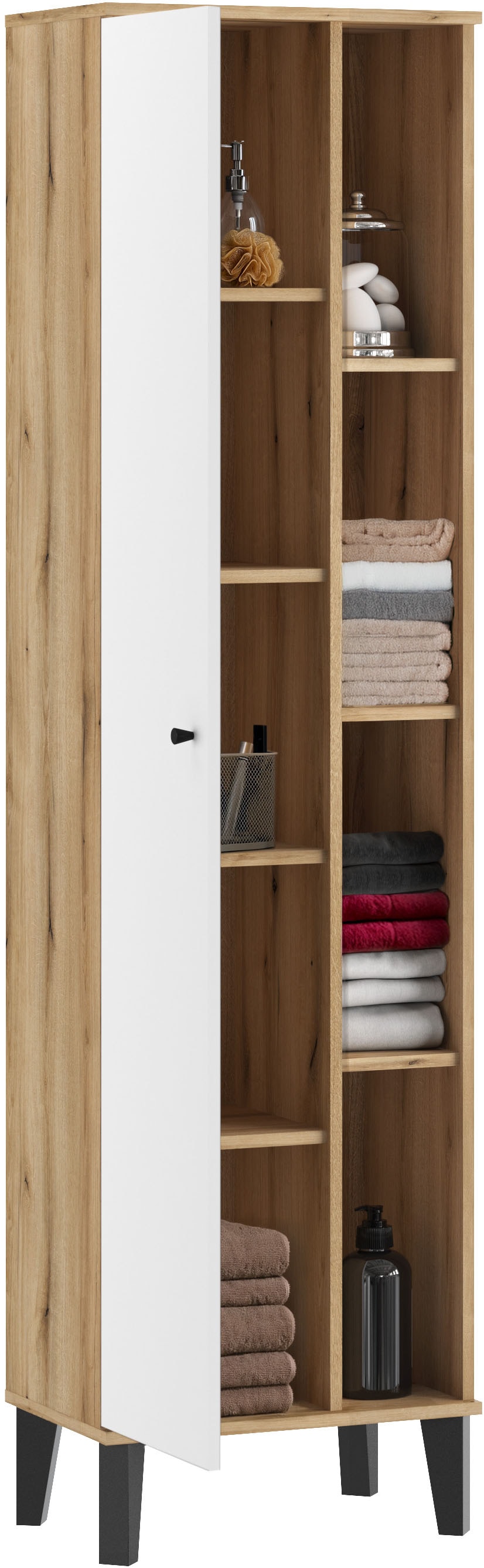 Home affaire Armoire de rangement »Oslo, Badschrank mit Knopfgriff, Hochschrank im skandinavischen Design« disponible en blanc ou gris, suffisamment d’espace de rangement