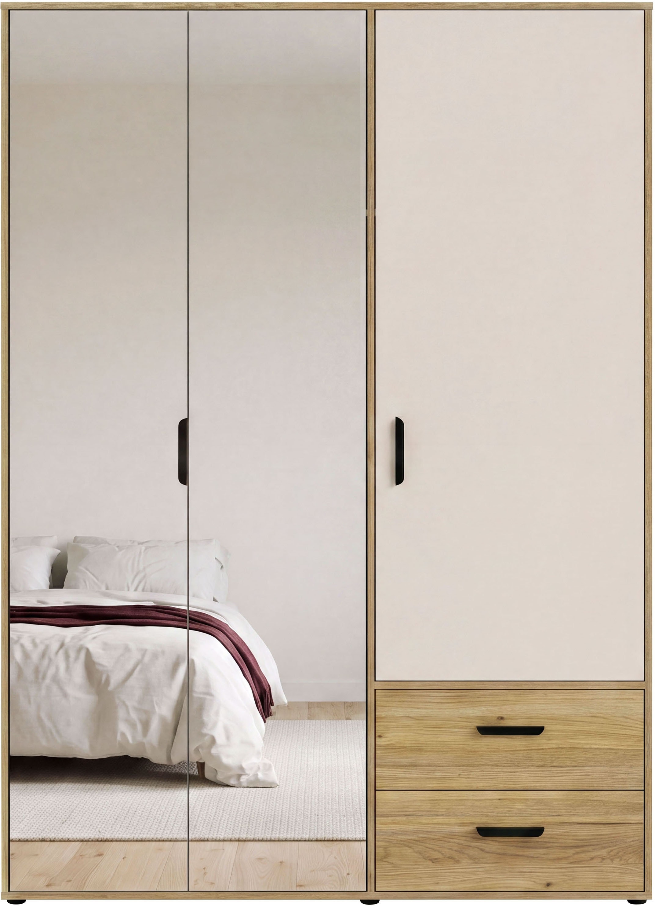 GOODproduct Kleiderschrank »AALOX, Spiegel, 3 Türen, 2 Schubladen, viel Stauraum, schwarze Griffe« Schrank ca. 140 bis 150 cm breit, schwarze Griffe, zeitloses Design