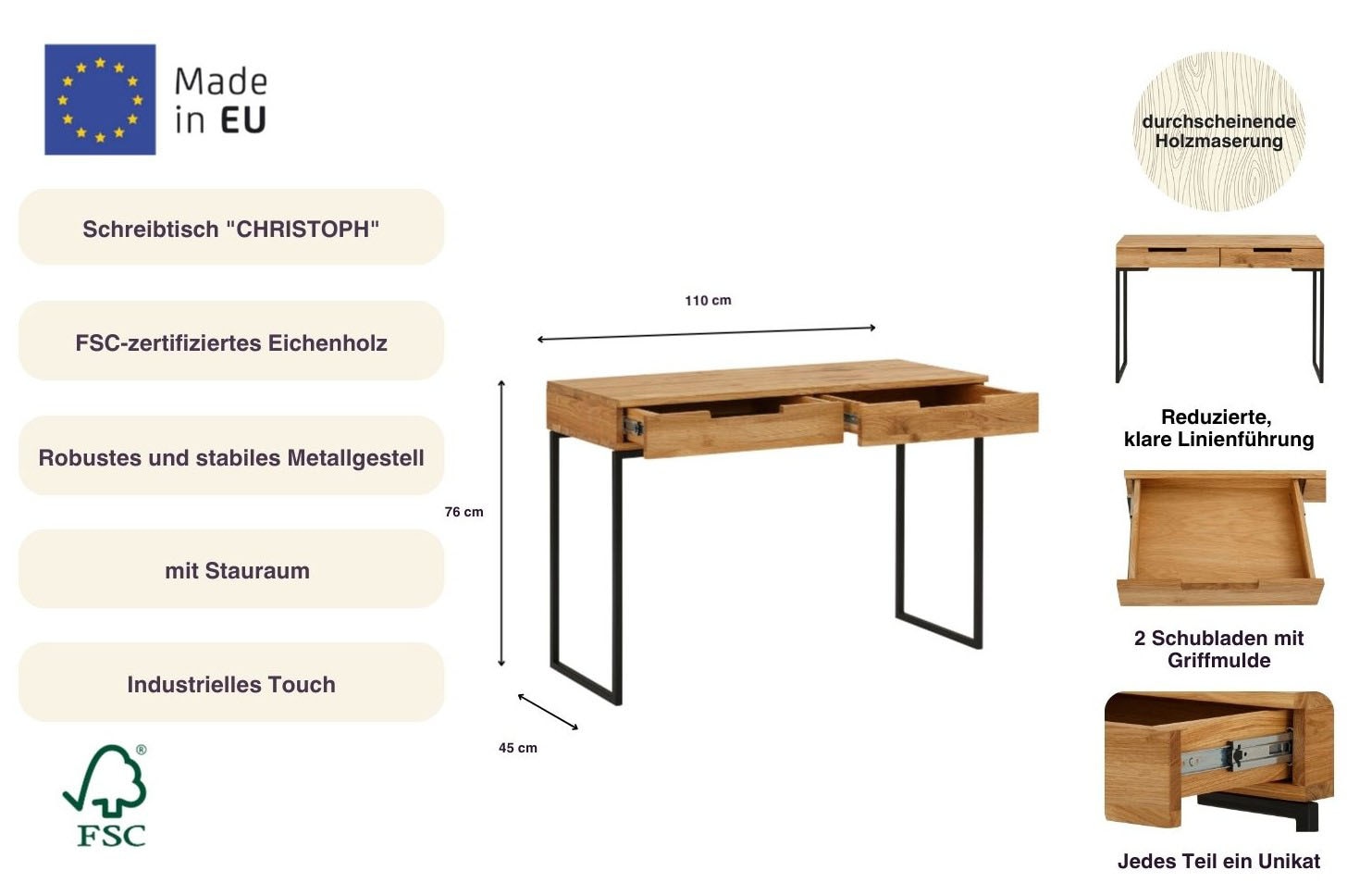 Home affaire Schreibtisch Masse (B/T/H): 110/45/76 cm,  Laptoptisch, Eichenholz, mit 2 Schubladen, filigranes Metallgestell