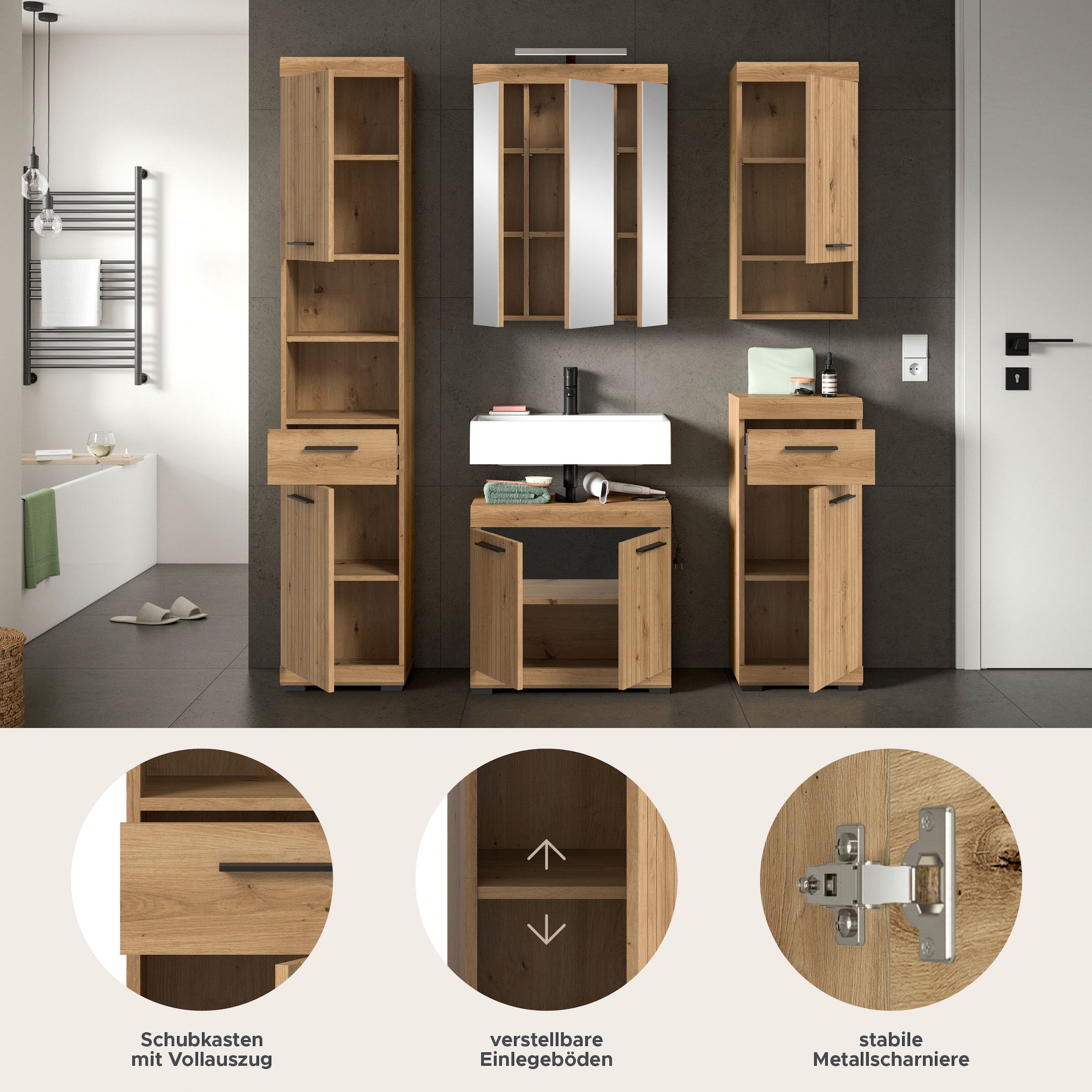 welltime Badmöbel-Set »SIENA, 5 teilig, inklusive LED Beleuchtung, bestehend aus:« Set, TOPSELLER!, 5 Stk. tlg.