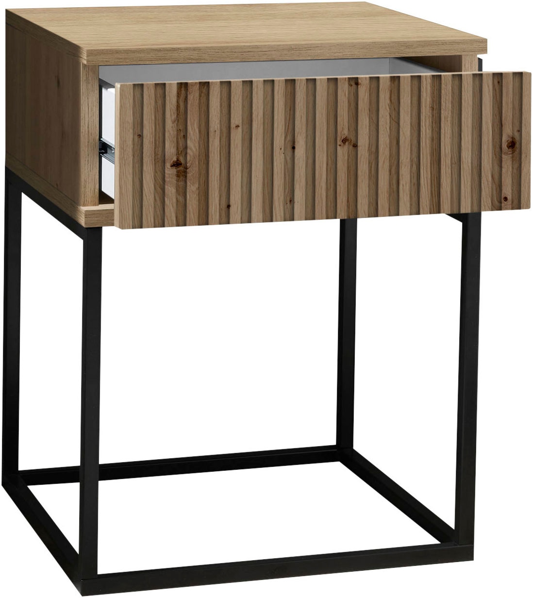 Schlafkontor Table de nuit »Marle Nachtkonsole, Nachtkästchen auf Metall-Fussgestell« Schubkasten in Rillenoptik auf schwarzem Metallgestell