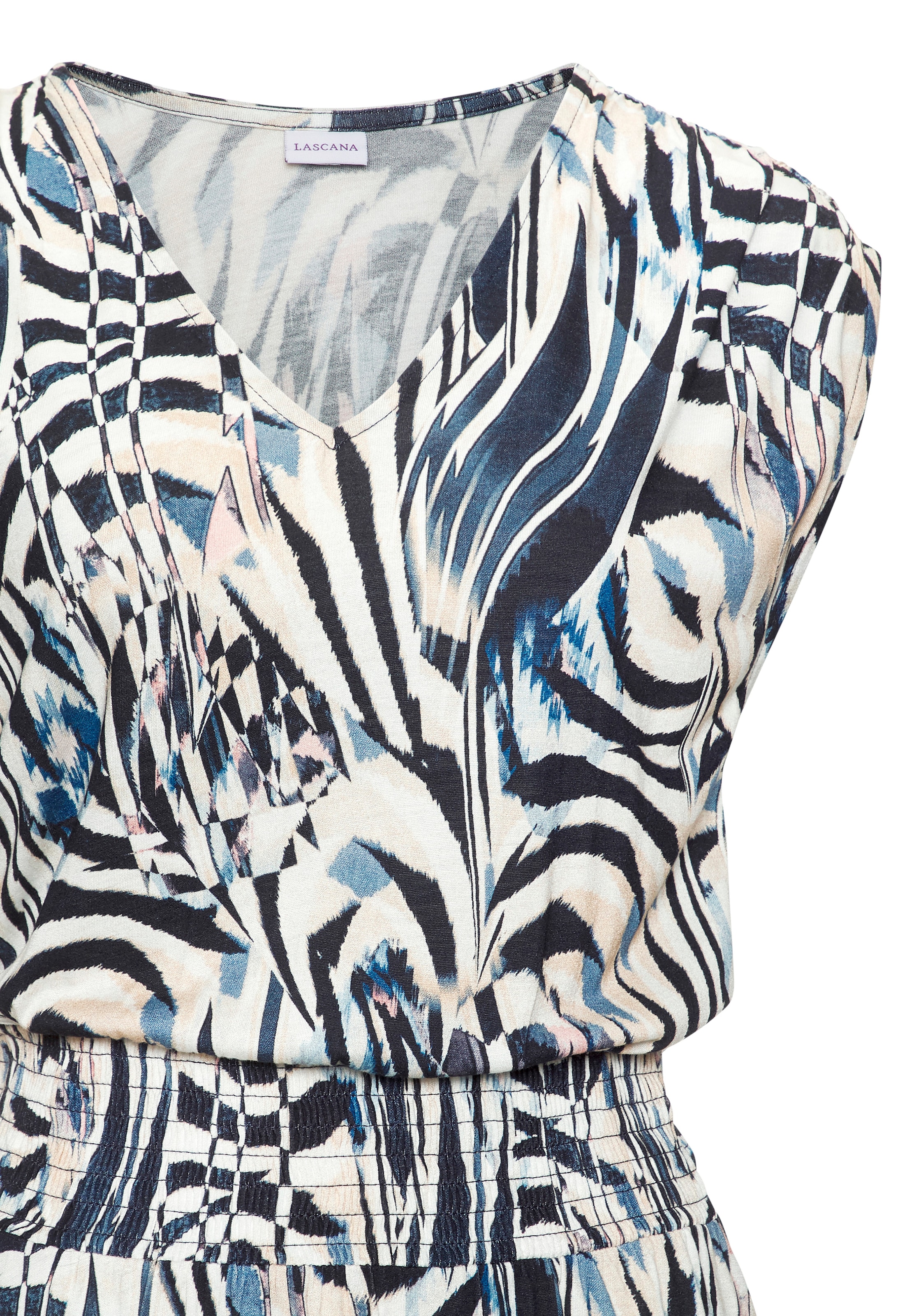 LASCANA Robe en jersey mit breitem Smokbund, kurzes Sommerkleid im Alloverprint, Strandkleid