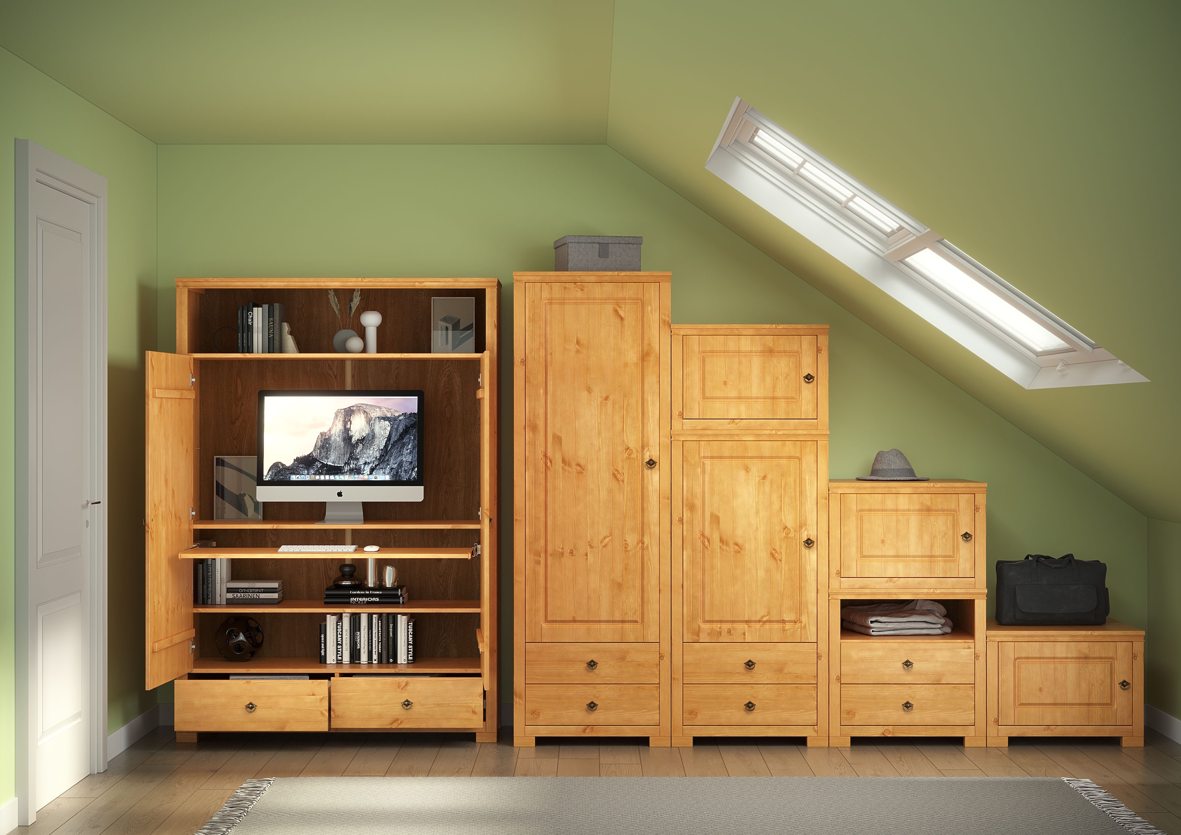 GOODproduct Wäscheschrank »Gotland! Home Office Schrank, Mehrzweckschrank, Büroschrank« H/B/T ca. 180/125/40cm,  mit Ausziehregal, Schublade, stabil + langlebig, Massivholz made in EU