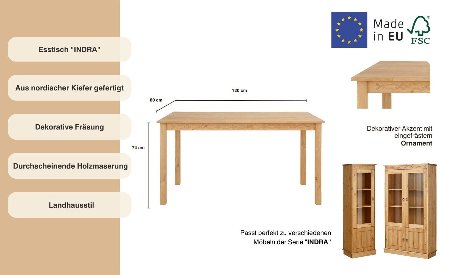 GOODproduct Table de salle à manger »Indra« aus massiver Kiefer,  FSC®, wahlweise mit oder ohne Verlängerung