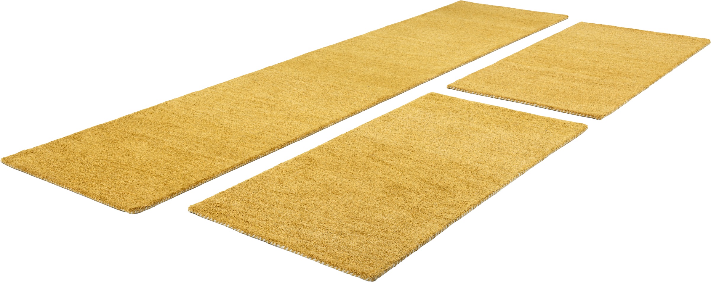 THEKO Bordure de lit »Gabbeh Uni, Handweb Teppich, meliert, reine Wolle« Höhe 14 mm 3 tlg. Bettvorleger, Uni-Farben, handgewebt, Läufer-Set, Schlafzimmer