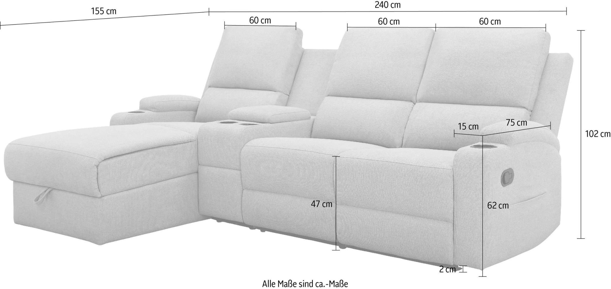 GOODproduct Canapé d'angle »NAPORI Multimediasofa, 3er Kinosessel XXL, L-Form, Cord« Kinosofa mit Relaxfunktion, Getränkehalter, Staufach und Staukasten