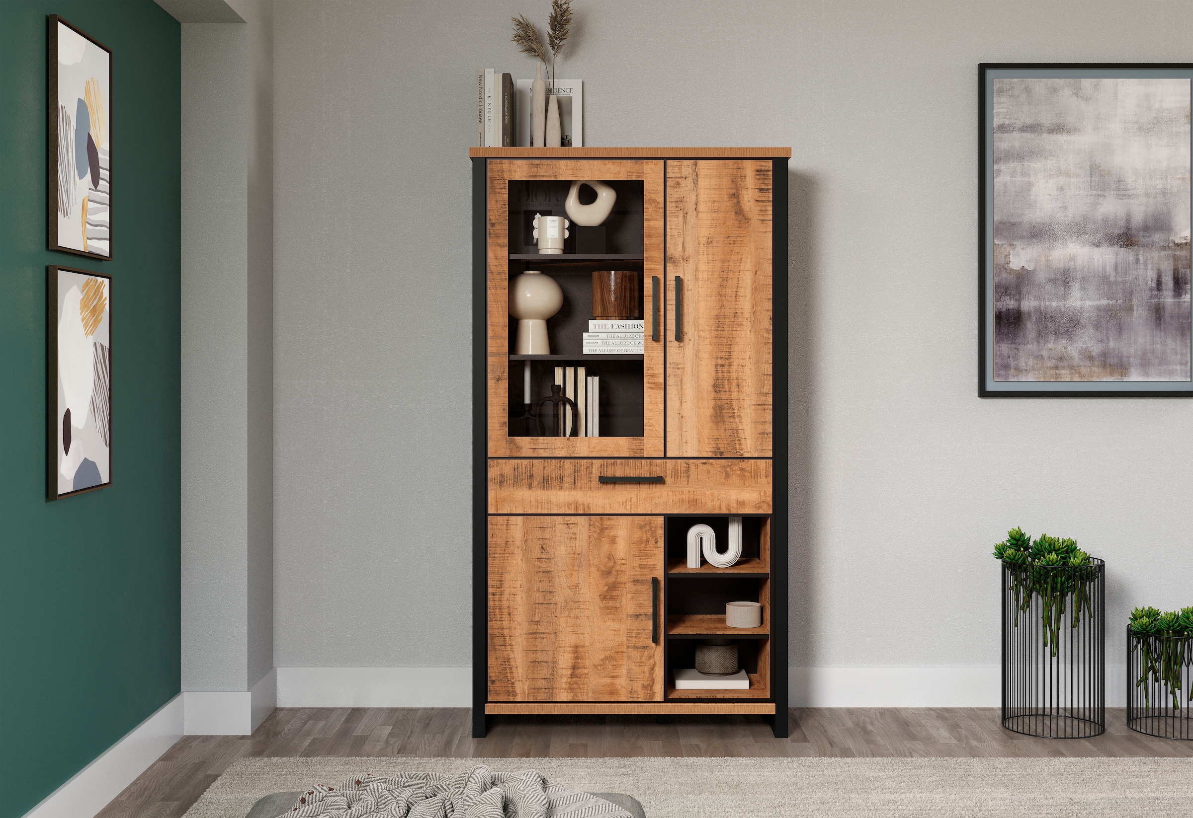 Home affaire Vitrines »Elda« 1 cuis tlg. Vitrine mit 3 Türen & 1 Vollauszug Schublade - (B/T/H) 106/45/195 cm